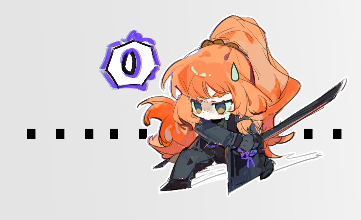jingshenhuanghu, ishmael (project moon), limbus company, project moon, 1girl, black coat, black pants, chibi, coat, full body, gameplay mechanics, green eyes, high ponytail, holding, holding sword, holding weapon, jeong's office (identity) (project moon), long hair, orange hair, pants, ponytail, sidelocks, simple background, solo, sweatdrop, sword, very long hair, weapon, white background