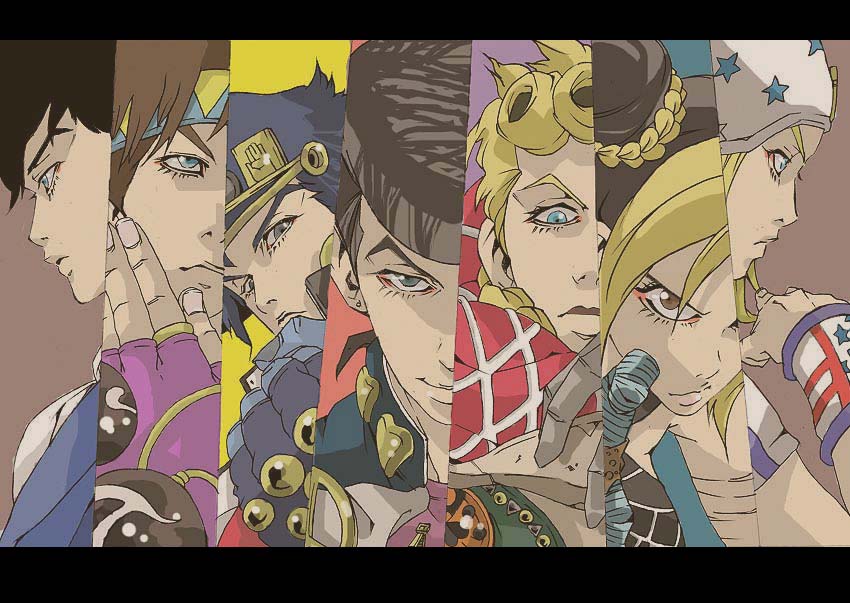 makkamu, giorno giovanna, higashikata josuke, johnny joestar, jonathan joestar, joseph joestar, joseph joestar (young), kuujou jolyne, kuujou joutarou, battle tendency, diamond is not crash, jojo no kimyou na bouken, phantom blood, stardust crusaders, steel ball run, stone ocean, vento aureo, 1girl, 6+boys, bandana, black hair, blonde hair, blue eyes, bola (weapon), braid, brown eyes, brown hair, column lineup, cut-in, double bun, family, father and son, fingerless gloves, formal clothes, gakuran, gloves, hand (symbol), hat, headband, heart, horseshoe, letterboxed, long hair, looking at viewer, multicolored hair, multiple boys, necktie, parted lips, peace symbol, peaked cap, pompadour, school uniform, star (symbol), suit, two-tone hair, upper body
