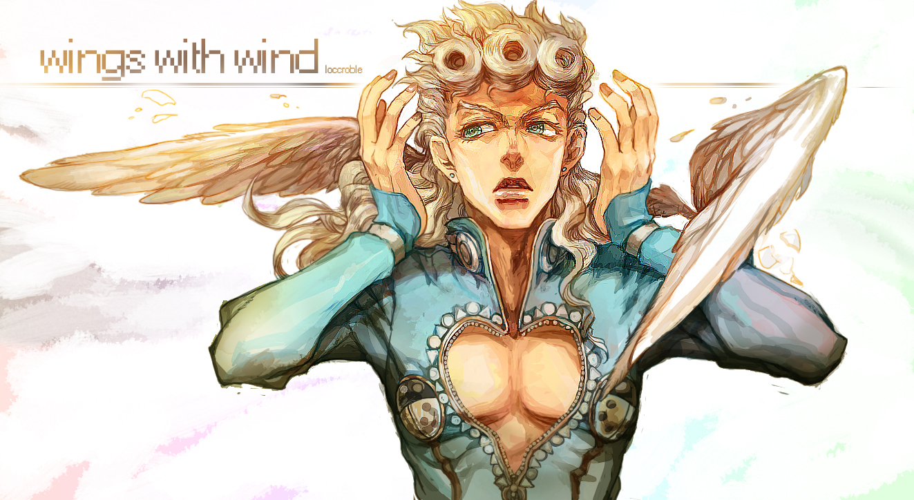 agnesgd, giorno giovanna, jojo no kimyou na bouken, vento aureo, 1boy, earrings, jewelry, male focus, pectoral cleavage, pectorals, solo, wings