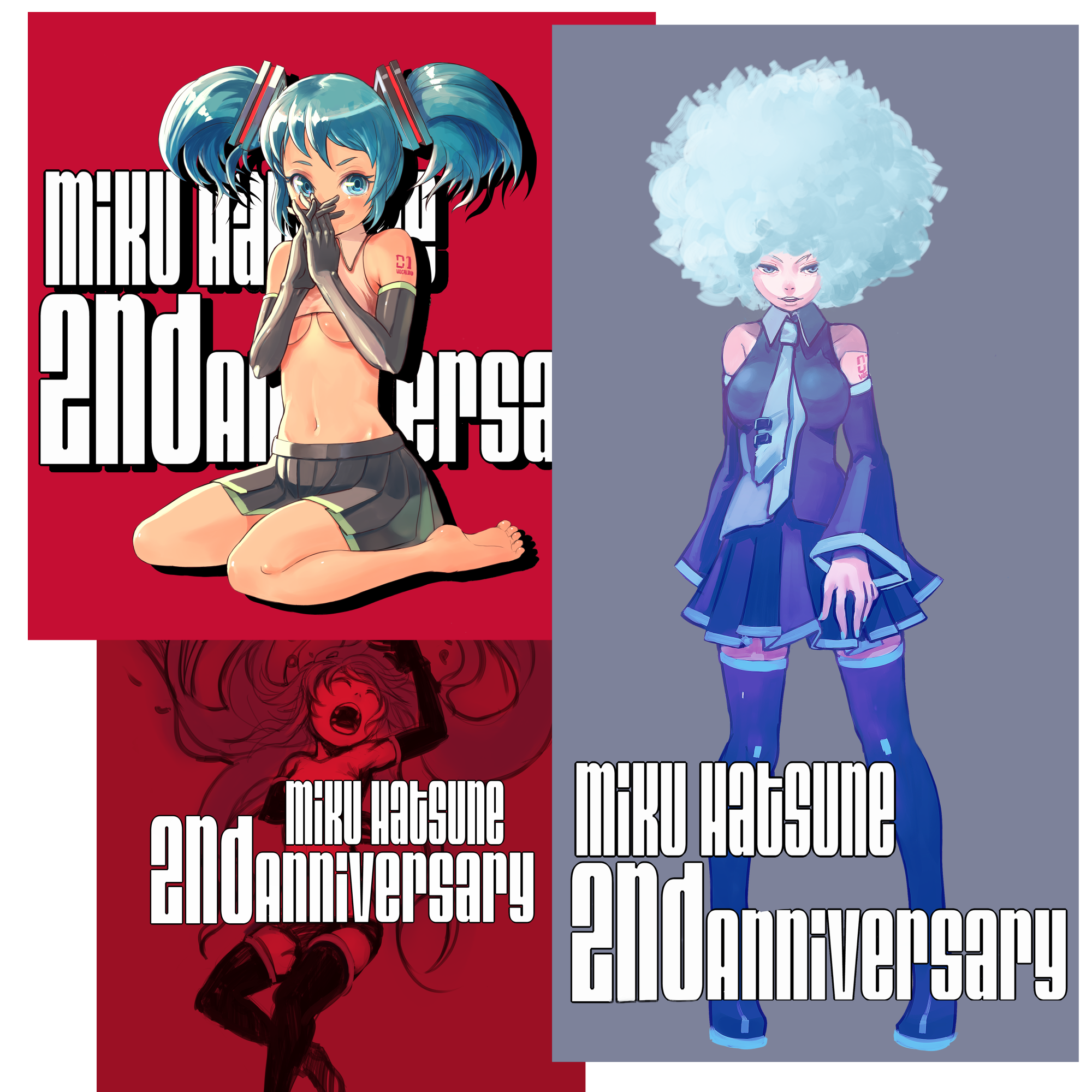 kansou samehada, hatsune miku, vocaloid, bad id, bad pixiv id, highres, afro, alternate hairstyle, barefoot, blue eyes, blue hair, breasts, gloves, kneeling, skirt, thighhighs, twintails, underboob