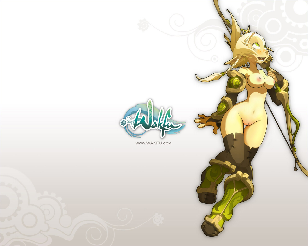 archer (fate), wakfu, nude filter, photoshop, blonde hair, blush, braid, breasts, elf, green eyes, nude, pointy ears, pussy, solo, uncensored