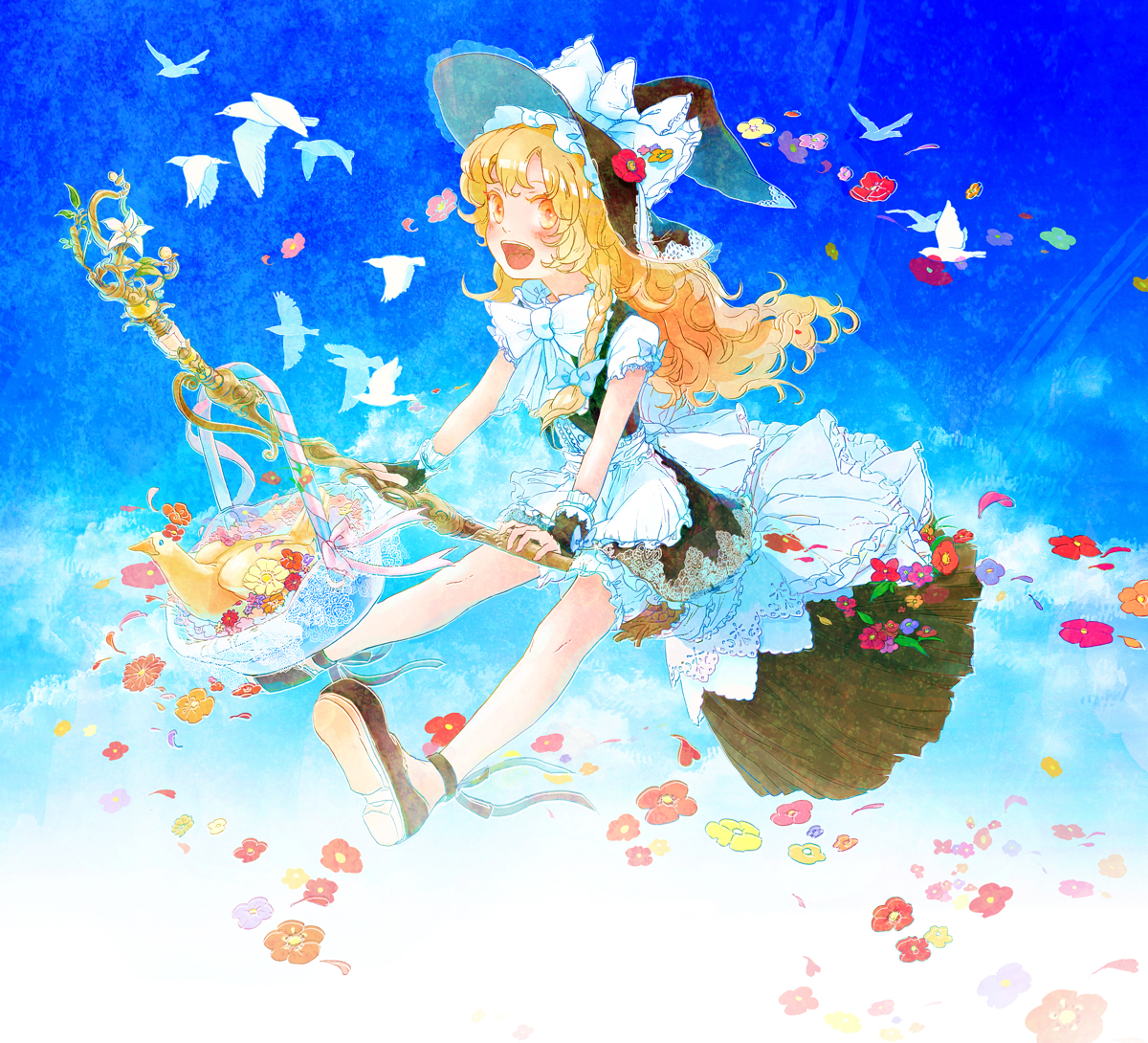 okari, kirisame marisa, touhou, bad id, bad pixiv id, 1girl, bird, blonde hair, braid, broom, broom riding, dress, female focus, fingerless gloves, flower, full body, gloves, gradient background, hat, long hair, outdoors, plant, sky, solo, underwear, white background, witch, witch hat, yellow eyes