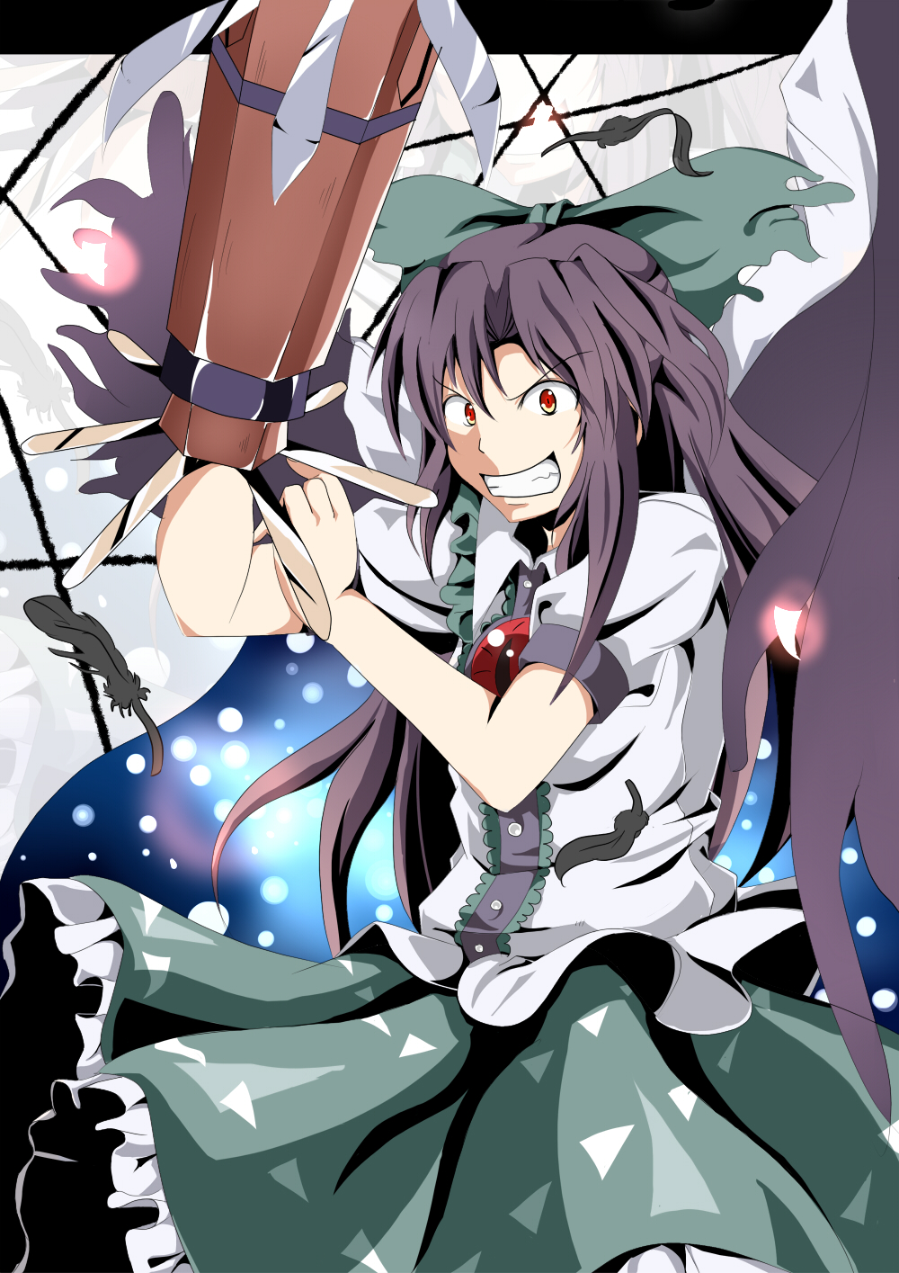 shino (moment), reiuji utsuho, touhou, highres, 1girl, arm cannon, black hair, black wings, bow, female focus, grin, long hair, red eyes, ribbon, skirt, smile, solo, weapon, wings