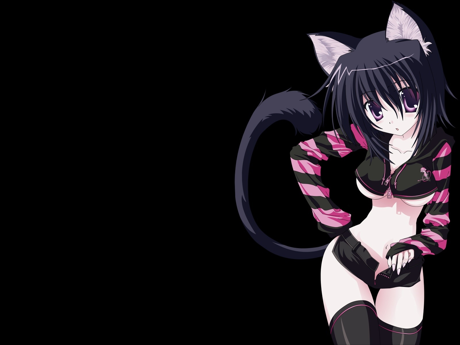 nanao naru, black x pink, derivative work, highres, third-party edit, vector trace, 1girl, animal ears, black hair, breasts, cat ears, cat tail, dark, female focus, large breasts, midriff, open fly, purple eyes, short hair, shorts, solo, tail, thighhighs, underboob, unzipped