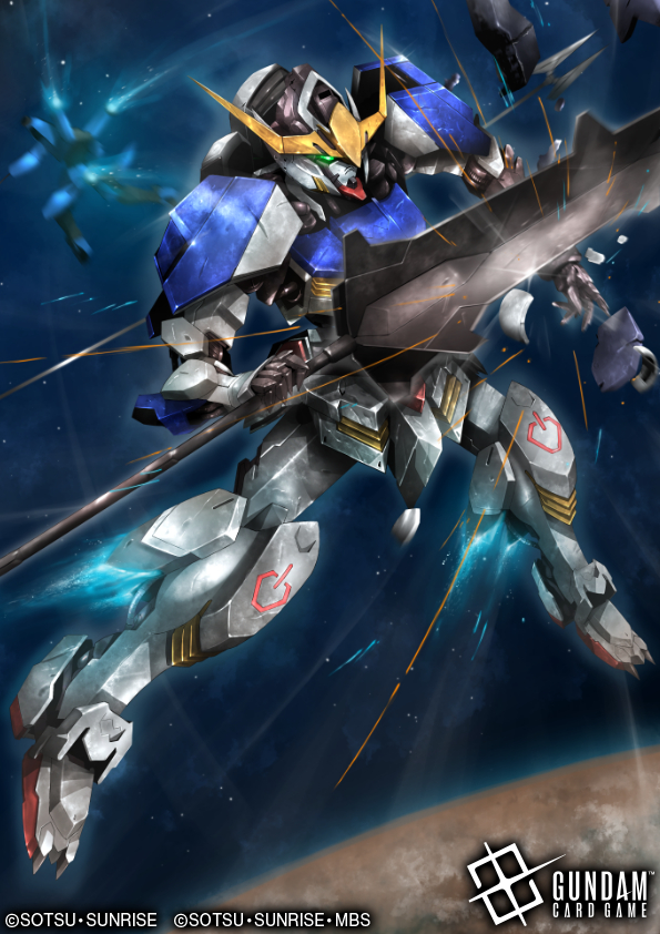 denjyou23, gundam barbatos, gundam, gundam card game, gundam tekketsu no orphans, official art, card (medium), copyright logo, copyright name, copyright notice, glowing, glowing eyes, logo, mace, mecha, mecha focus, mobile suit, no humans, robot, v-fin, weapon