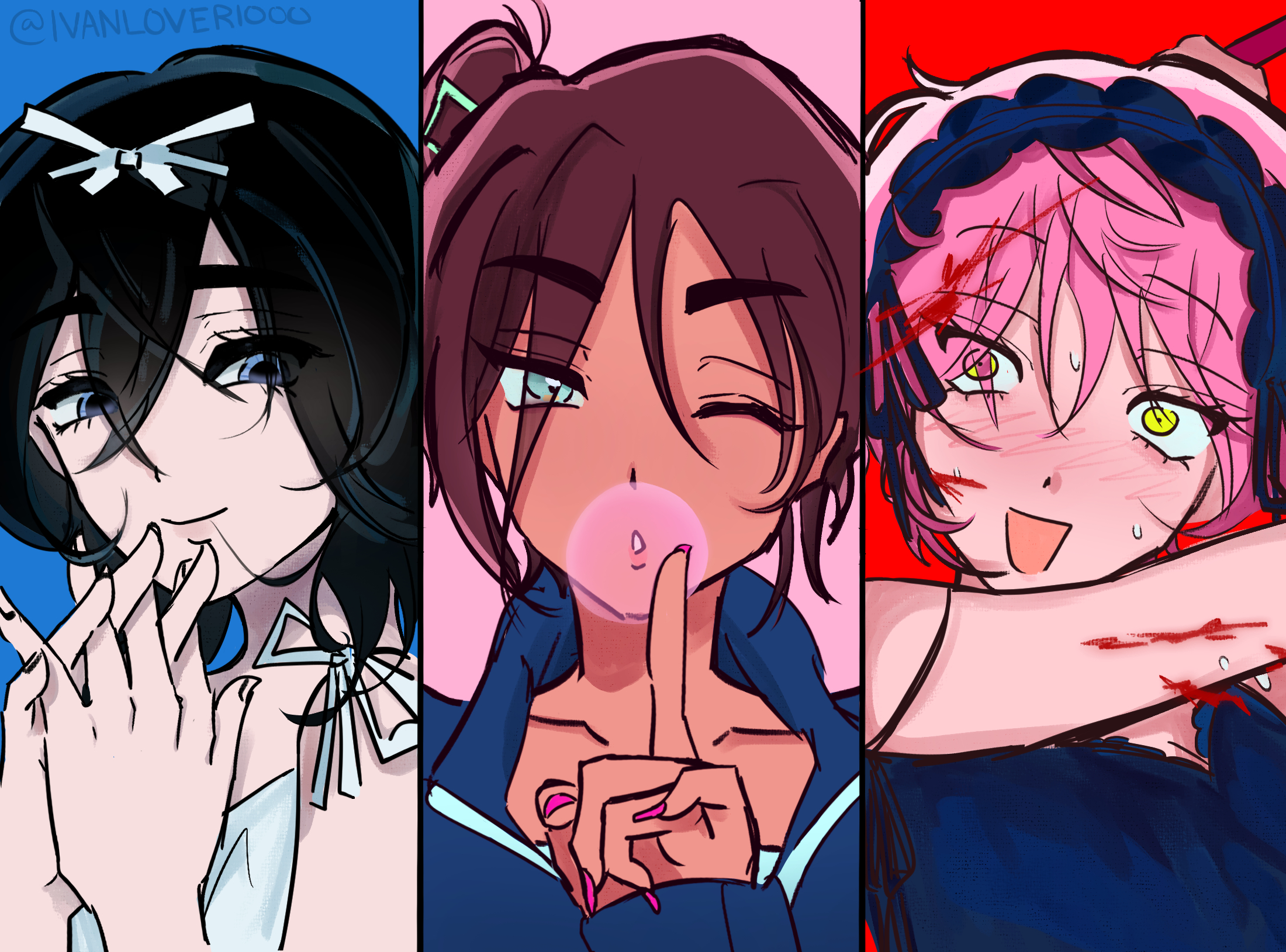 hyuna (alien stage), mizi (alien stage), sua (alien stage), alien stage, commentary, english commentary, highres, 3girls, aiko (ivanlover1000), black dress, black hairband, black jacket, blood, blowing bubble gum, blue eyes, brown hair, chewing gum, claw hair clip, closed mouth, crossed bangs, dilated pupils, dress, grey eyes, hair between eyes, hair ornament, hairband, hairclip, index finger raised, jacket, medium hair, multiple girls, official alternate costume, one eye closed, open mouth, pink hair, pink nails, short hair, thick eyebrows, twitter username, very short hair, white dress, yellow eyes