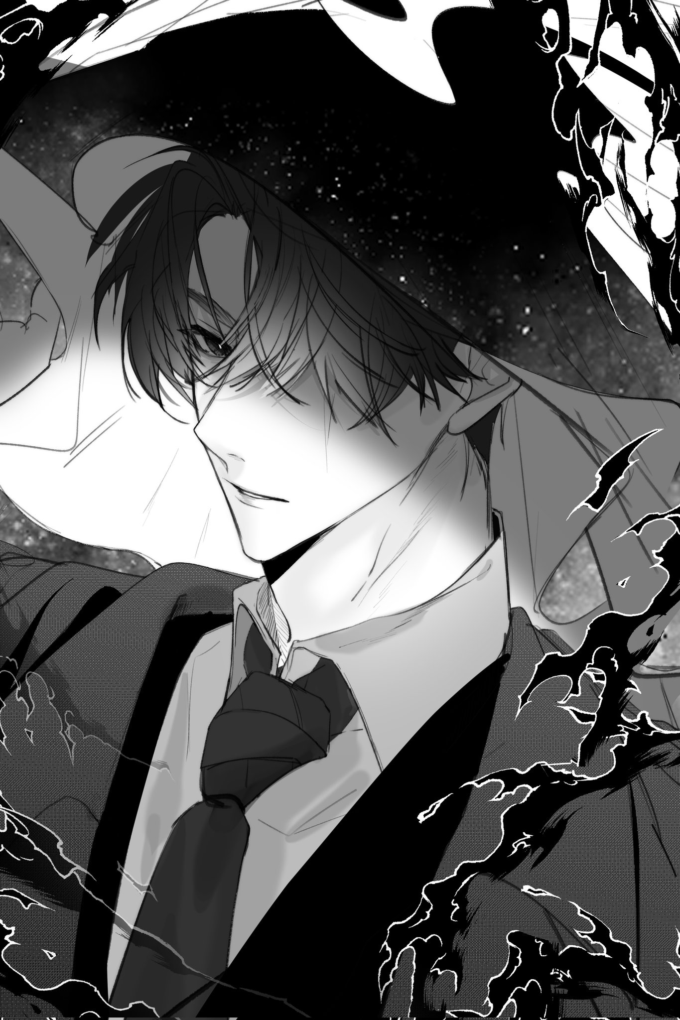 hayu beck, secretive plotter, yoo joonghyuk, omniscient reader's viewpoint, highres, 1boy, black coat, black hair, black shirt, black vest, cloak, coat, cow horns, curtained hair, greyscale, hair over one eye, hood, hood up, hooded cloak, horns, looking at viewer, male focus, monochrome, necktie, one eye covered, open clothes, open coat, partially shaded face, serious, shirt, short hair, solo, upper body, vest