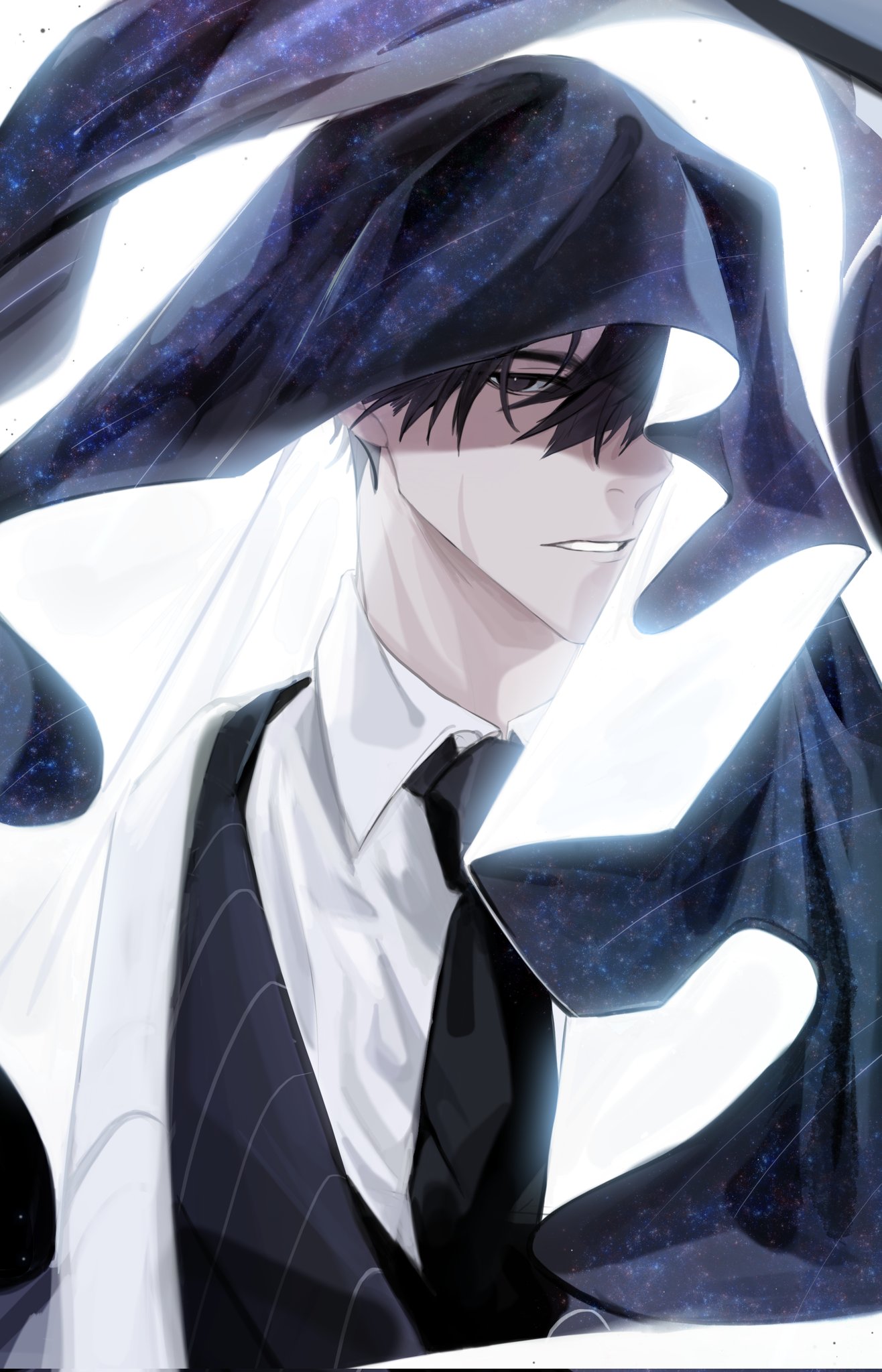 hayu beck, secretive plotter, yoo joonghyuk, omniscient reader's viewpoint, highres, 1boy, black necktie, cloak, coat, collared shirt, glowing, head tilt, hood, hood up, hooded cloak, male focus, necktie, one eye covered, open clothes, open coat, popped collar, scar, scar on face, shirt, solo, starry sky print, striped clothes, striped vest, upper body, vest, white coat, white shirt