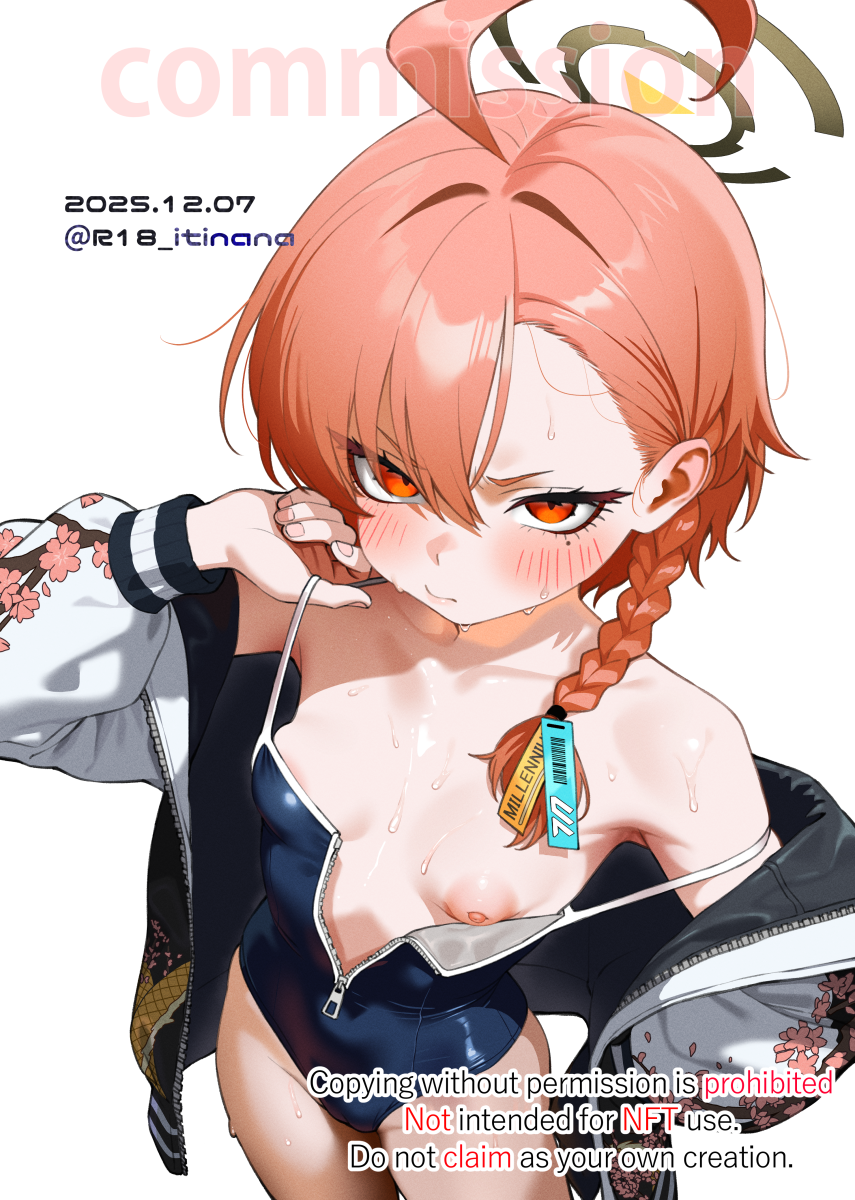 itinana, neru (blue archive), blue archive, commentary request, commission, highres, skeb commission, 1girl, ahoge, artist name, asymmetrical bangs, black halo, blue one-piece swimsuit, blush, braid, breasts, closed mouth, collarbone, covered navel, dated, floral print, halo, highleg, highleg one-piece swimsuit, huge ahoge, jacket, large areolae, long sleeves, looking at viewer, mole, mole under eye, nipples, one-piece swimsuit, one breast out, open clothes, open jacket, orange hair, partially unzipped, print jacket, puffy nipples, red eyes, short hair, single braid, small breasts, solo, swimsuit, watermark, wet, white background, white jacket, zipper pull tab
