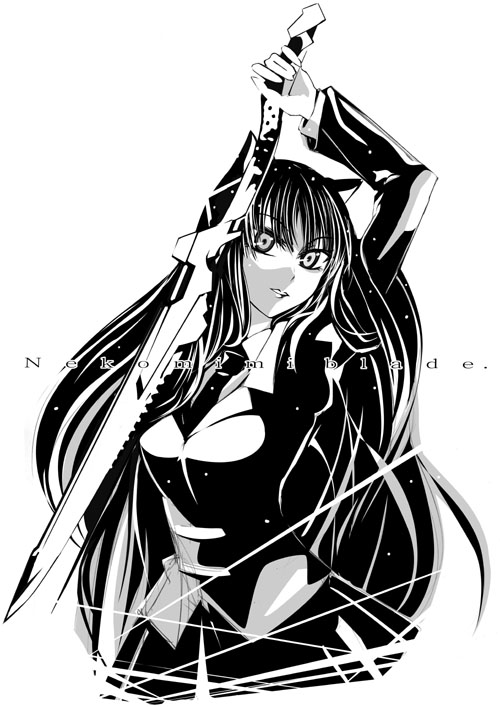 morisoban, original, animal ears, cat ears, greyscale, monochrome, solo, sword, weapon