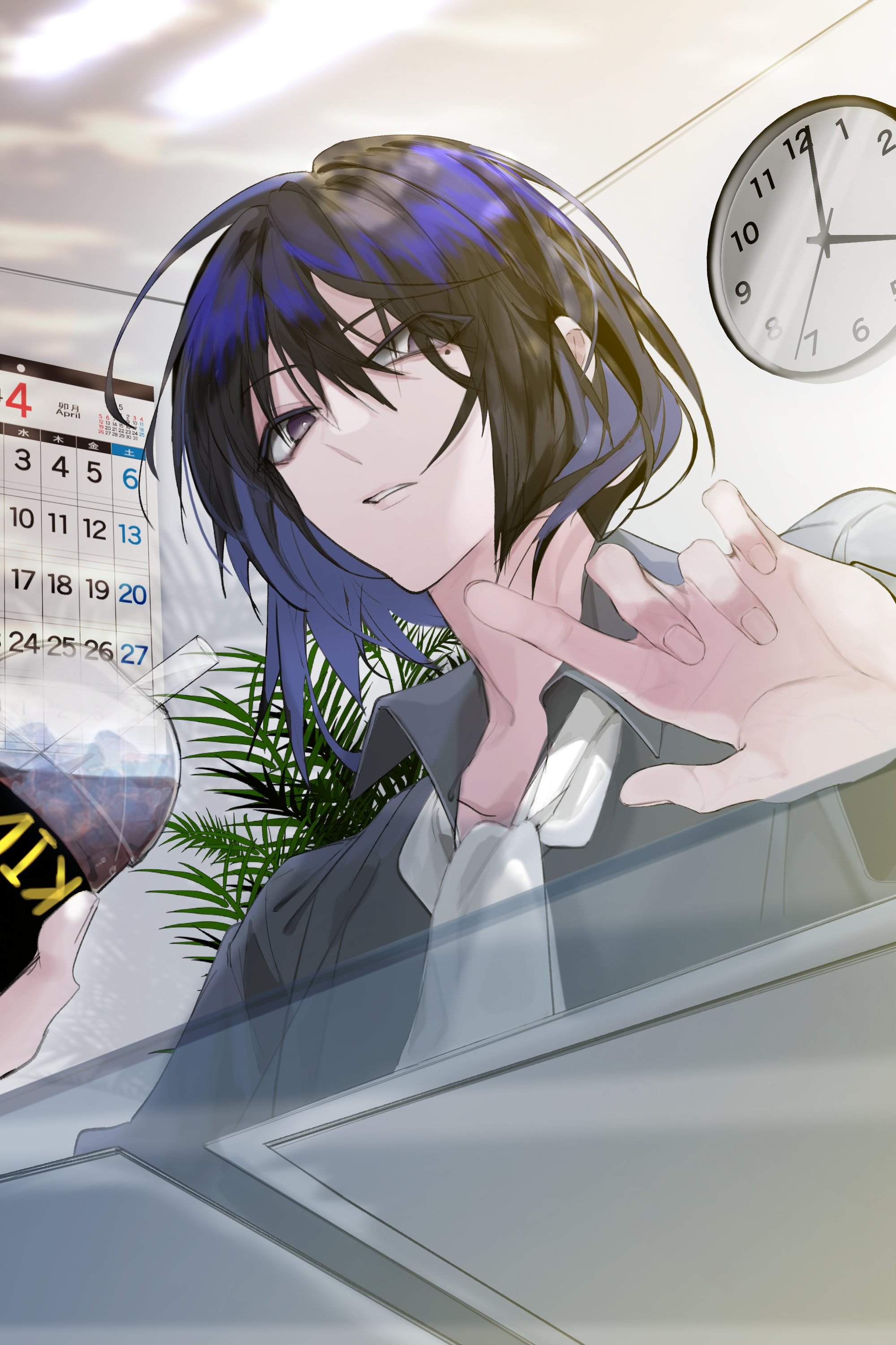 hayu beck, han sooyoung, omniscient reader's viewpoint, absurdres, highres, 1girl, aegyo sal, analog clock, black eyes, black hair, black shirt, bob cut, calendar (object), clock, collared shirt, drink, from below, glass table, holding, holding drink, index finger raised, looking at viewer, mole, mole under eye, necktie, parted lips, plant, potted plant, shirt, short hair, solo, table, upper body, white necktie