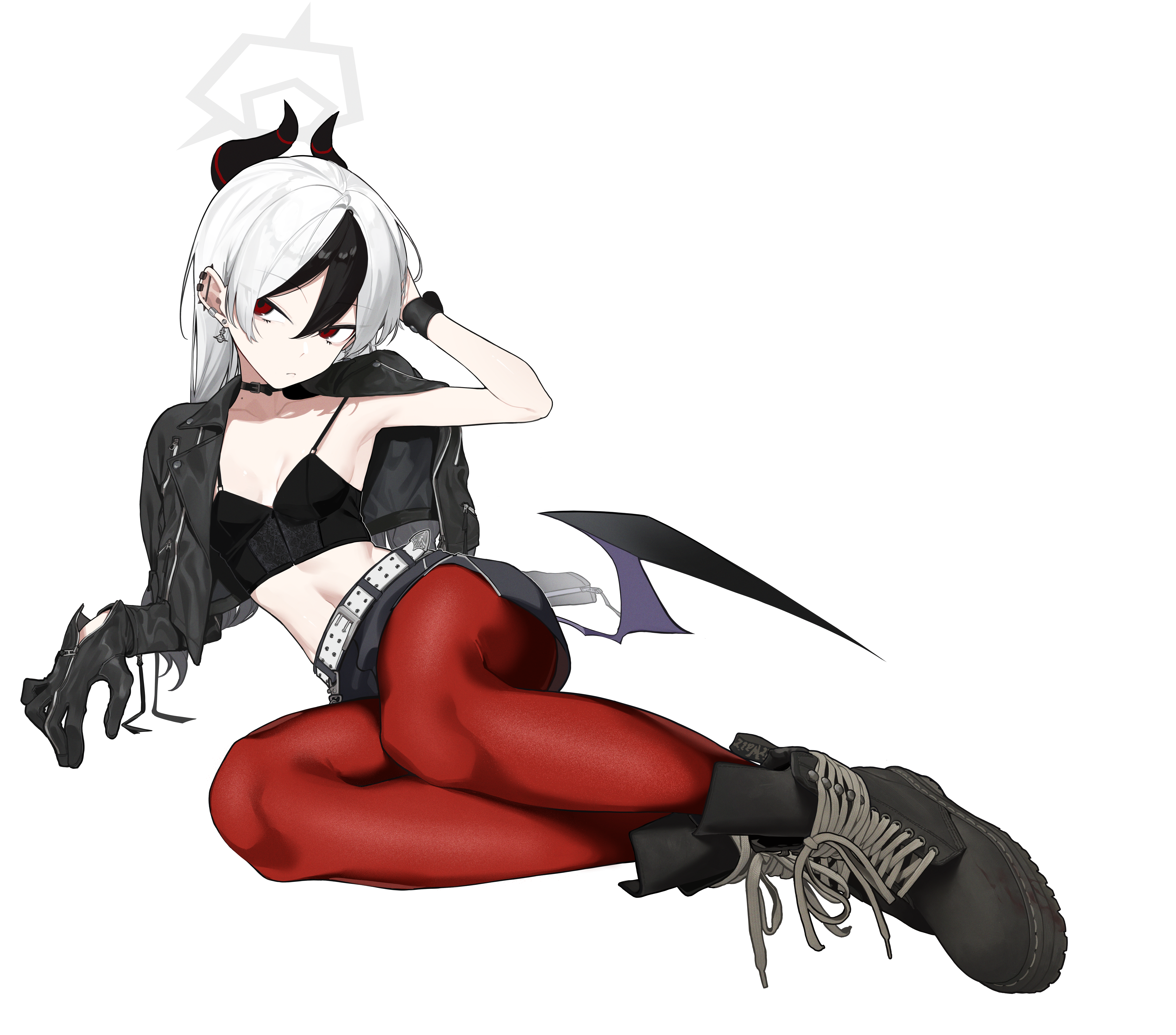 fataaa, kayoko (blue archive), blue archive, absurdres, commentary request, highres, 1girl, armpits, belt, black boots, black choker, black gloves, black hair, black jacket, black skirt, black tank top, black wings, boots, breasts, choker, cleavage, closed mouth, collarbone, ear piercing, earrings, full body, gloves, grey hair, hair between eyes, jacket, jewelry, lace-up boots, long hair, long sleeves, looking at viewer, midriff, mole, mole on neck, navel, pantyhose, piercing, puffy long sleeves, puffy sleeves, red eyes, red pantyhose, single wing, skirt, small breasts, solo, tank top, white background, white belt, wings, wristband