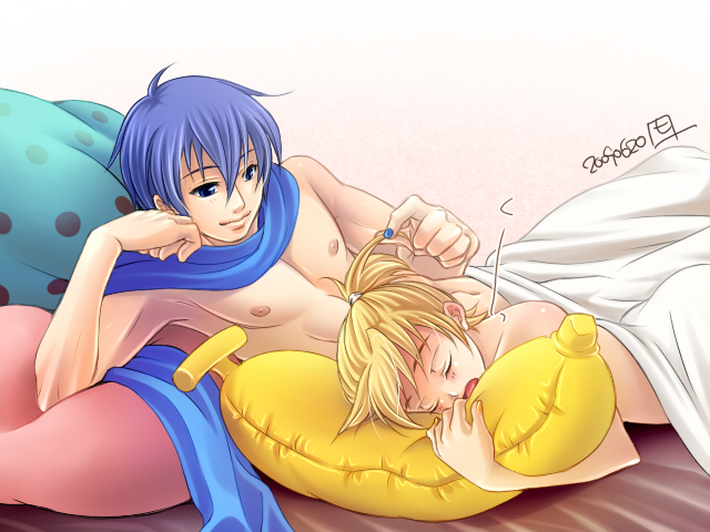 hirohide, kagamine len, kaito (vocaloid), vocaloid, 2boys, banana, bed, blush, closed eyes, food, fruit, male focus, multiple boys, nude, open mouth, scarf, short hair, shota, sleeping, smile, trap, yaoi