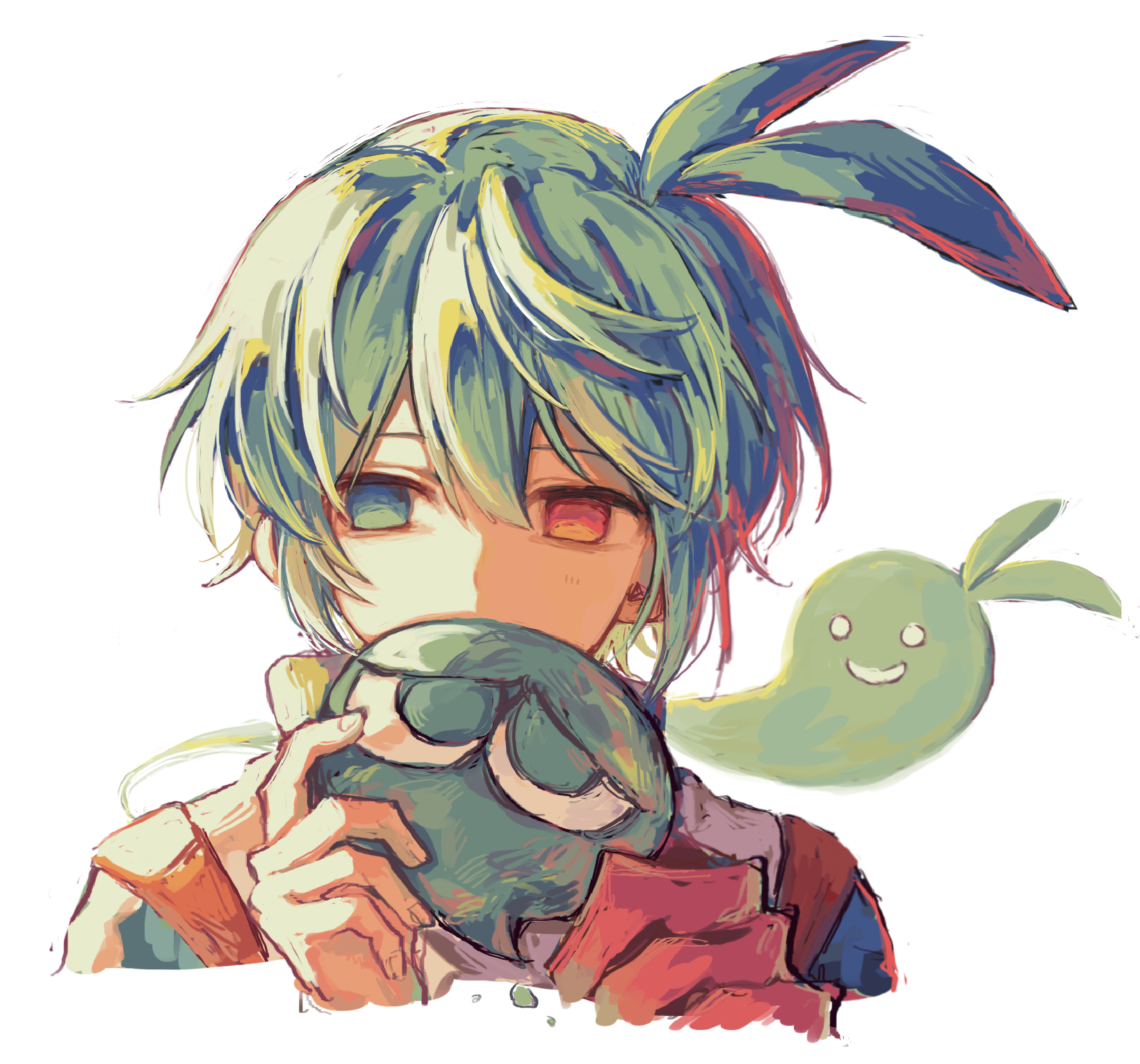 griffon0416, puyo (puyopuyo), sig (puyopuyo), puyopuyo, commentary request, highres, 1boy, blue eyes, blue hair, double-parted bangs, hair between eyes, heterochromia, looking at viewer, male focus, red eyes, short hair, sidelocks, simple background, solo, upper body, white background