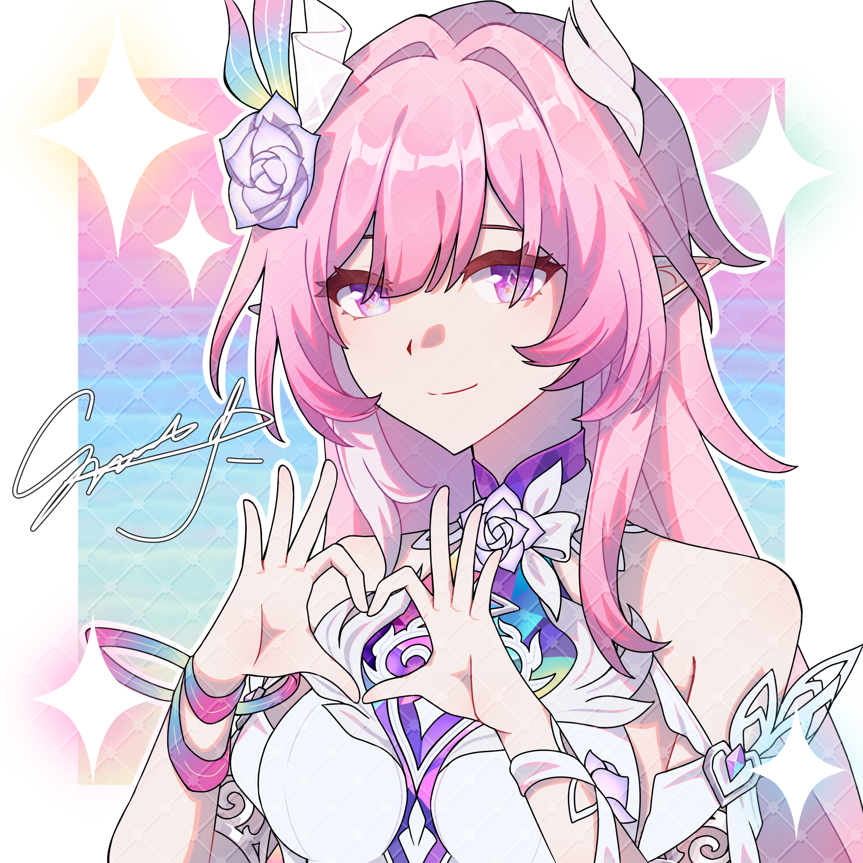 cyrene (honkai: star rail), cyrene (ripples of past reverie) (honkai: star rail), honkai: star rail, honkai (series), absurdres, chinese commentary, commentary request, commission, highres, 1girl, bare shoulders, border, breasts, diamond-shaped pupils, diamond (shape), dress, flower, four-finger heart hands, ganjing de dongwuyuan 114514, hair flower, hair ornament, heart, heart hands, large breasts, long hair, looking at viewer, multicolored hair, pink hair, pointy ears, purple eyes, sample watermark, smile, solo, symbol-shaped pupils, two-tone background, two-tone hair, upper body, very long hair, watermark, white border, white dress, white hair