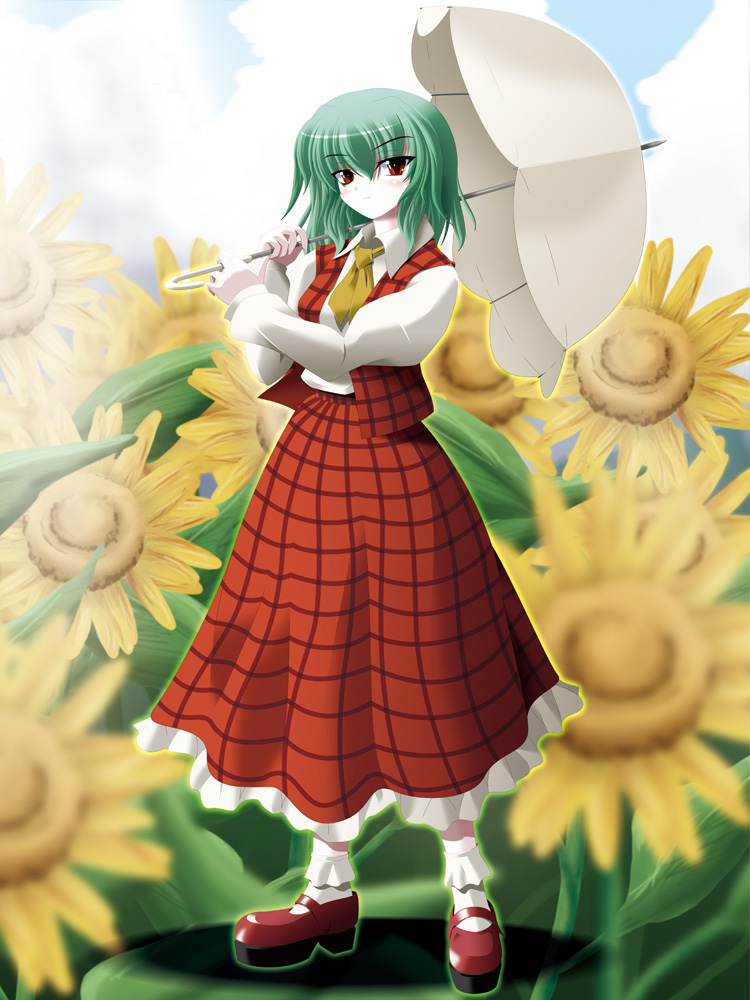 kii (mahoraba), kazami yuuka, touhou, 1girl, ascot, female focus, flower, green hair, plaid clothes, plaid skirt, plaid vest, red eyes, short hair, skirt, skirt set, solo, sunflower, umbrella, vest