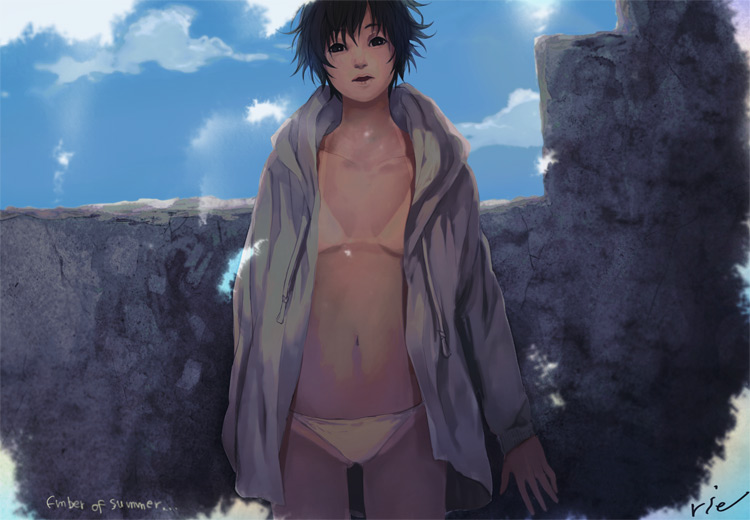 sumishuu, original, bad id, bad pixiv id, 1girl, bikini, black hair, cloud, collarbone, day, female focus, navel, outdoors, short hair, sky, solo, swimsuit