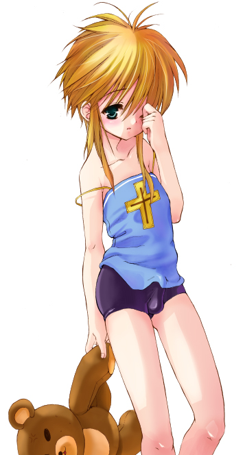 bridget (guilty gear), roger (guilty gear), arc system works, guilty gear, 1boy, bear, blush, bulge, cross, crossdressing, crossdressing (mtf), erection, erection under clothes, male focus, morning wood, shorts, shota, simple background, sleepy, solo, stuffed animal, stuffed toy, teddy bear, trap, white background