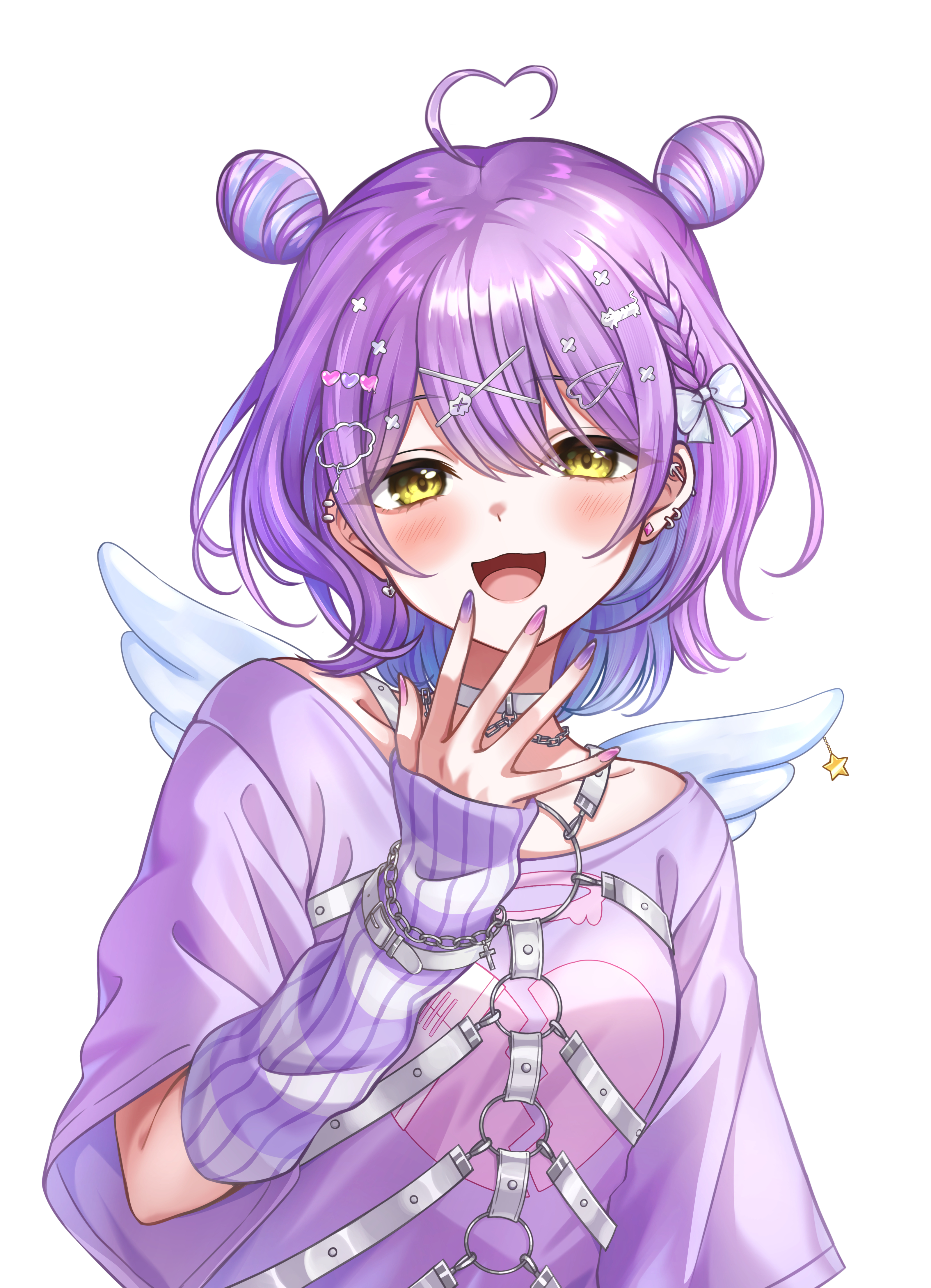 shinomiya runa, shinomiya runa (4th costume), vspo!, absurdres, highres, 1girl, :3, ahoge, angel wings, arm warmers, barbell piercing, bow, braid, chain, chest harness, choker, colored inner hair, double bun, ear piercing, earrings, hair between eyes, hair bow, hair bun, hair ornament, harness, heart, heart ahoge, industrial piercing, jewelry, looking at viewer, medium hair, multicolored hair, multicolored nails, o-ring, open mouth, piercing, purple hair, purple shirt, sasamisable, shirt, simple background, solo, too many hair ornaments, upper body, virtual youtuber, white background, white choker, wings, x hair ornament, yellow eyes
