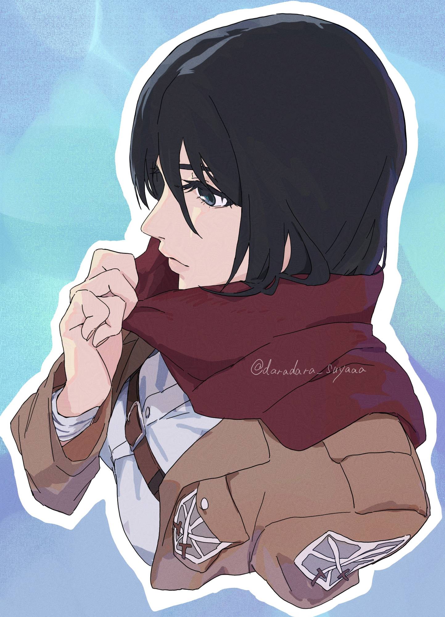 darao (daradara suyaaa), mikasa ackerman, shingeki no kyojin, highres, 1girl, bandaged wrist, bandages, belt buckle, black hair, brown jacket, buckle, chest strap, closed mouth, cropped torso, enpera, from side, grey eyes, hair between eyes, jacket, long sleeves, open clothes, open jacket, paradis military uniform, profile, red scarf, scarf, shirt, short hair, solo, training corps (emblem), twitter username, upper body, white shirt