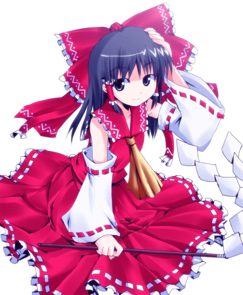 hoshi umi, hakurei reimu, touhou, bad id, bad pixiv id, 1girl, black hair, detached sleeves, female focus, gohei, hair ribbon, japanese clothes, miko, ribbon, simple background, skirt, smile, solo, white background