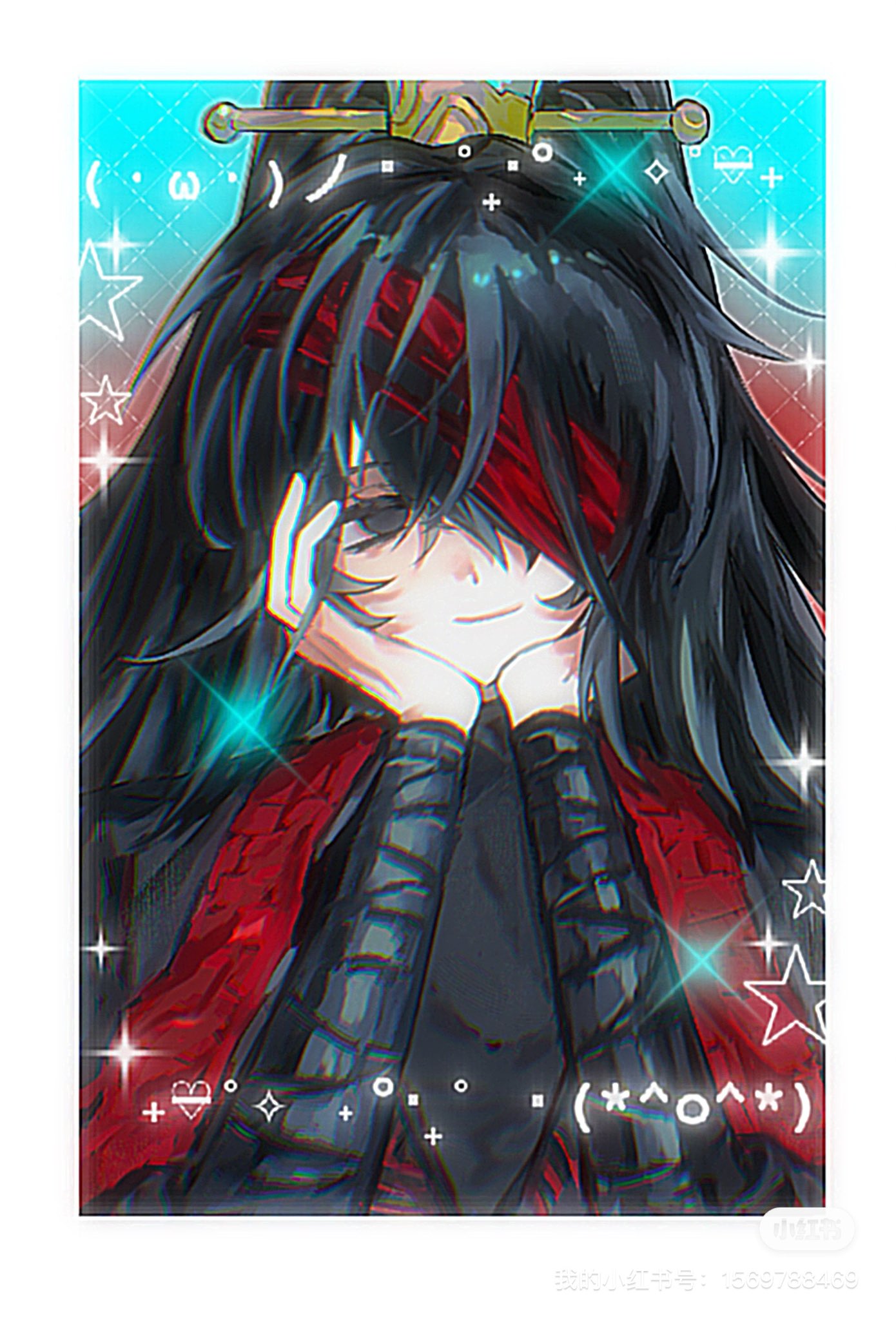 hong lu (project moon), limbus company, project moon, highres, 1boy, bandage over one eye, black hair, closed mouth, dongmsza, family hierarch candidate (identity) (project moon), hands up, high ponytail, long hair, male focus, ponytail, red bandage, smile, solo, sparkle, very long hair