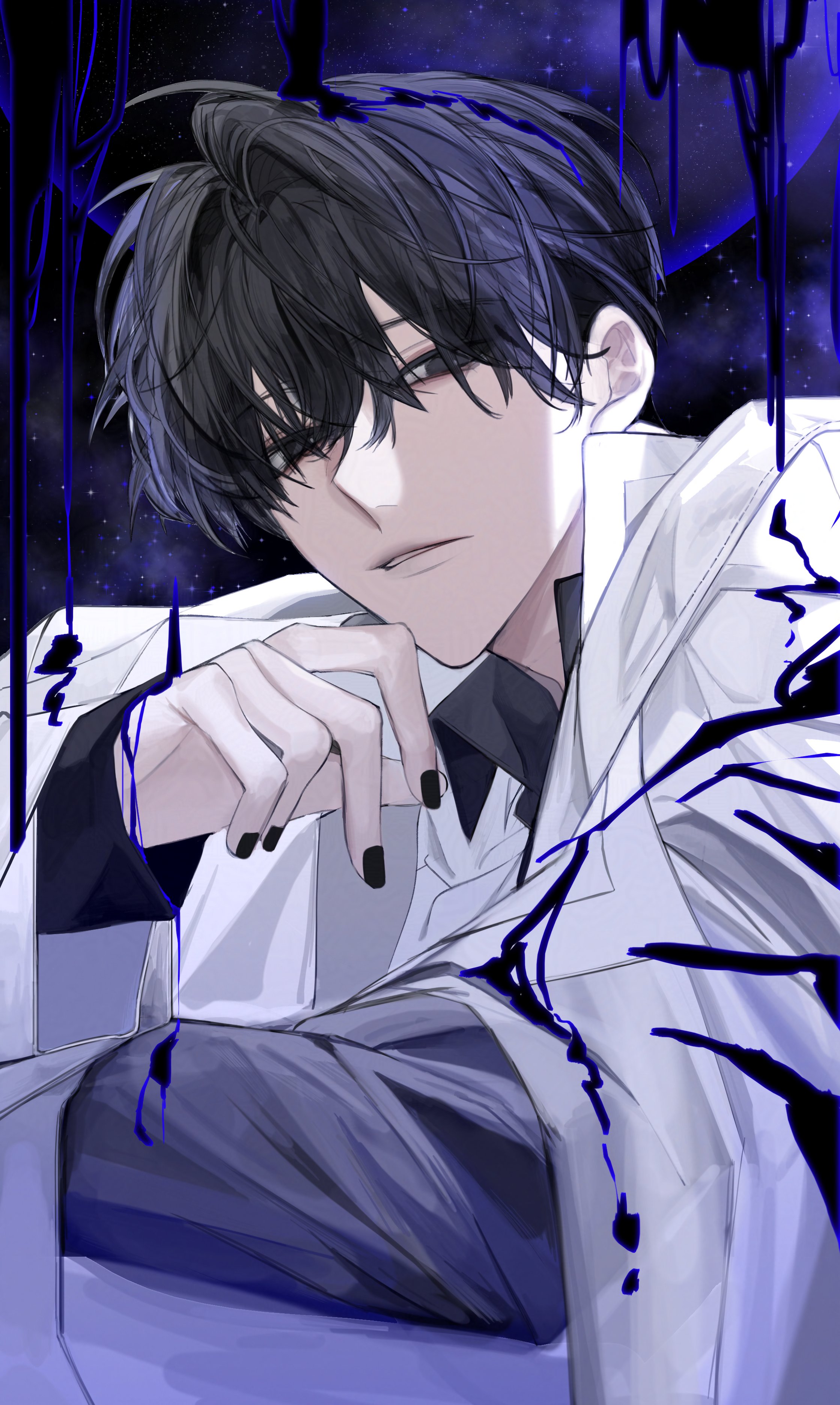 hayu beck, kim dokja, omniscient reader's viewpoint, absurdres, highres, 1boy, ambiguous black liquid, arm up, black eyes, black hair, black nails, black shirt, coat, collared shirt, looking at viewer, male focus, open clothes, open coat, parted lips, popped collar, shirt, short hair, solo, upper body, white coat