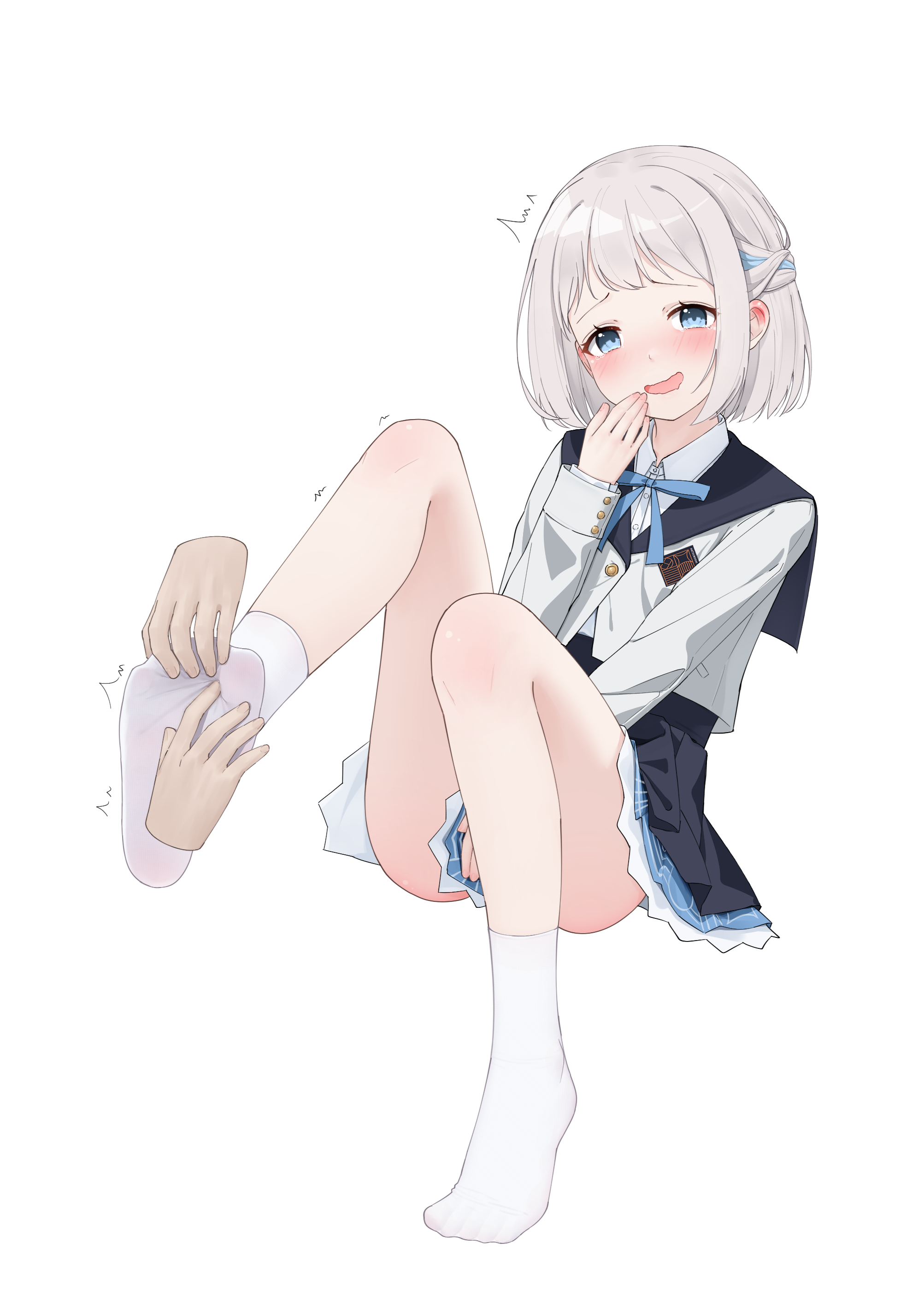 han (hehuihuihui), katsuragi lilja, gakuen idolmaster, idolmaster, absurdres, highres, 1boy, 1girl, bare legs, blue bow, blue bowtie, blue eyes, blue skirt, blush, bow, bowtie, collared shirt, disembodied hand, eyelashes, feet, grey hair, hand up, legs, long sleeves, looking at viewer, medium hair, miniskirt, no shoes, open mouth, school uniform, shirt, simple background, skirt, socks, soles, toes, white background, white socks