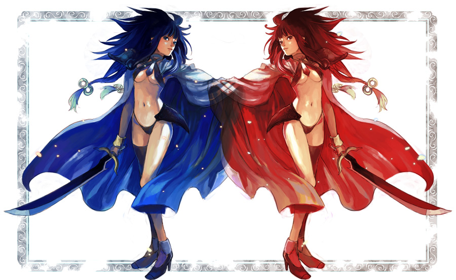sumishuu, original, bad id, bad pixiv id, commentary, 2girls, blue eyes, blue hair, bracelet, breasts, cloak, hair ornament, jewelry, legs, long hair, medium breasts, midriff, mirror opposites, multiple girls, navel, necktie, polar opposites, red eyes, red hair, shoes, sword, symmetry, thighhighs, underboob, weapon