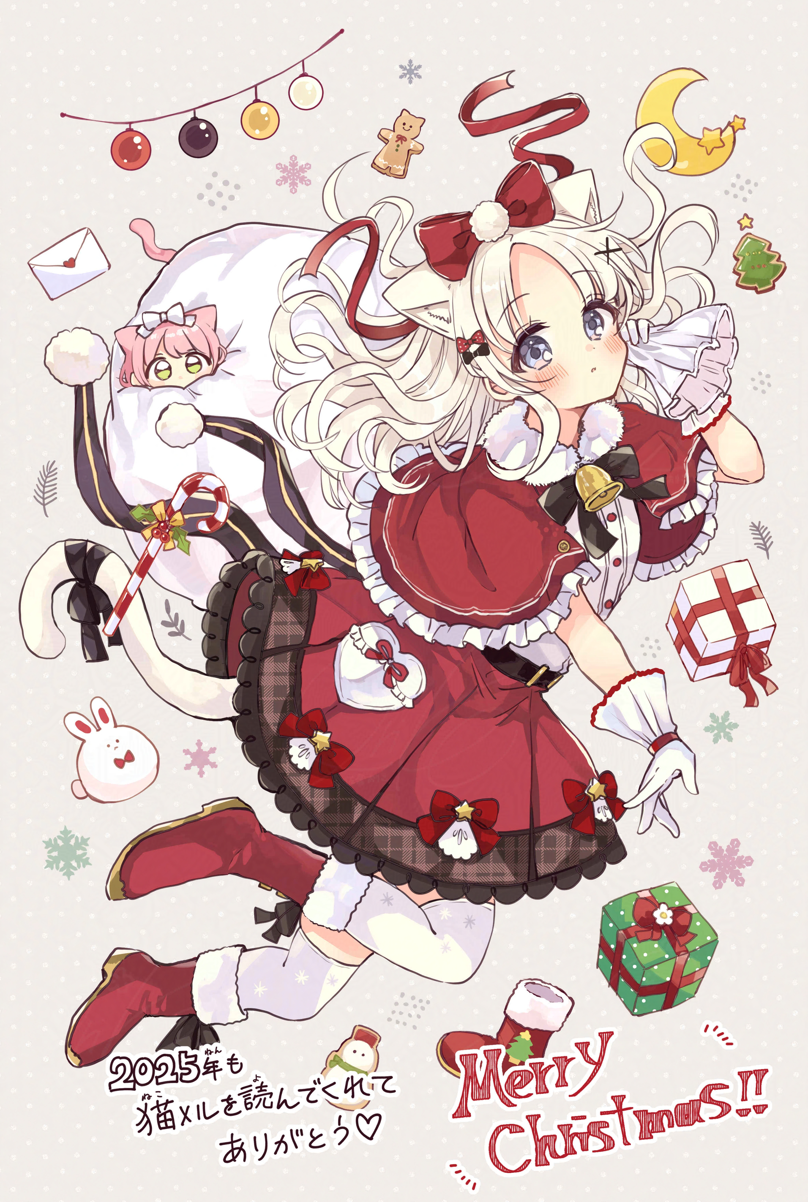 sakura oriko, absurdres, commentary request, highres, 2girls, animal ear fluff, animal ears, blue eyes, box, capelet, cat ears, cat girl, cat tail, chibi, christmas, extra ears, fushigi na neko no machi meltier, gift, gift box, green eyes, long hair, looking at viewer, mini person, minigirl, moco (fushigi na neko no machi meltier), multiple girls, parted bangs, pink hair, red capelet, red skirt, sack behind back, shirt, skirt, suzu (fushigi na neko no machi meltier), tail, thighhighs, white hair, white shirt, white thighhighs