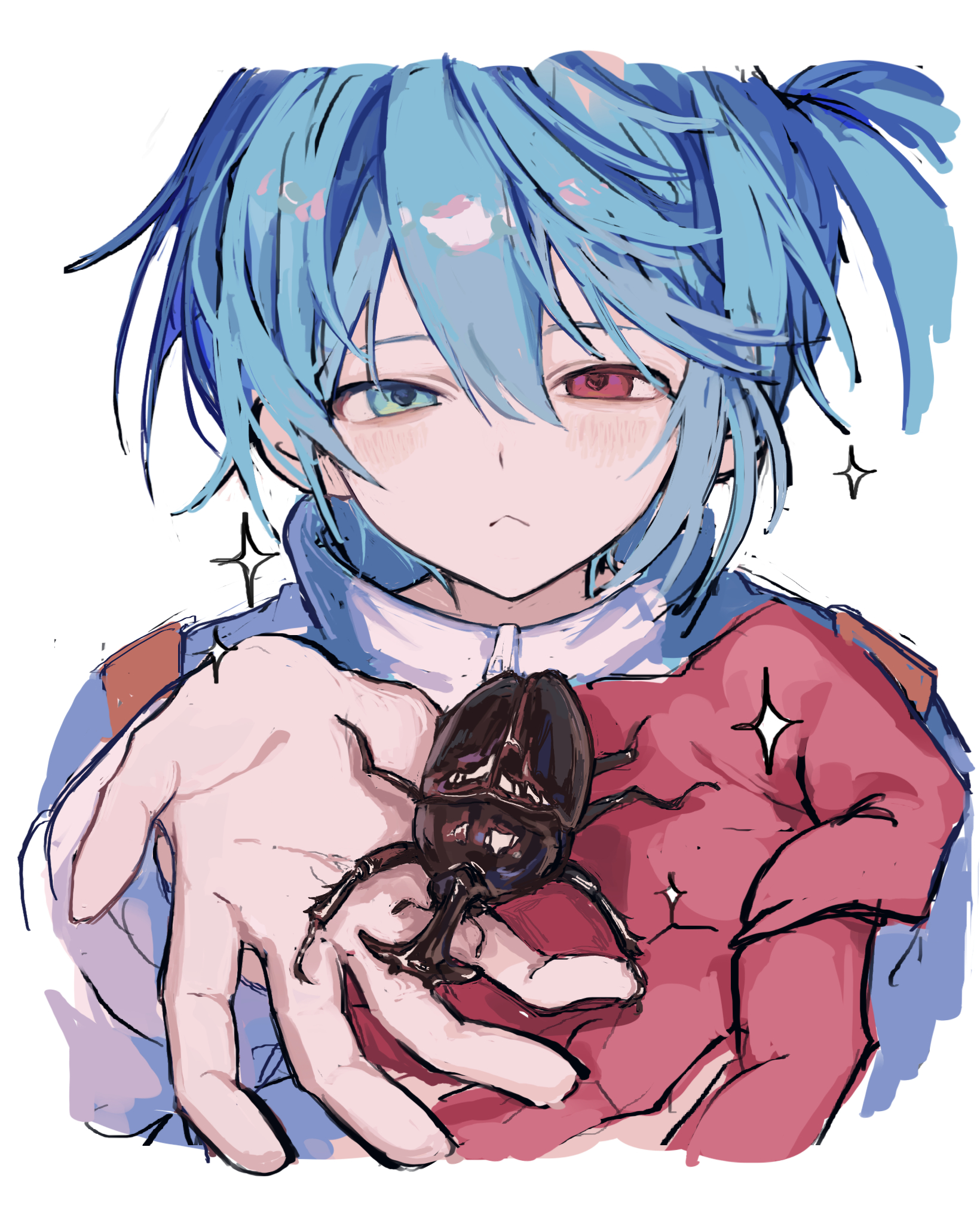 griffon0416, sig (puyopuyo), puyopuyo, commentary request, highres, 1boy, :<, blue eyes, blue hair, closed mouth, double-parted bangs, hair between eyes, heterochromia, holding bug, jacket, long sleeves, looking at viewer, male focus, red eyes, rhinoceros beetle, short hair, sidelocks, solo, sparkle, upper body, zipper, zipper pull tab