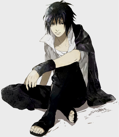 sumishuu, uchiha sasuke, naruto (classic), naruto (series), bad id, bad pixiv id, 1boy, bandages, black eyes, black hair, male focus, pants, pants tucked in, shirt, sitting, solo, spiked hair, white shirt