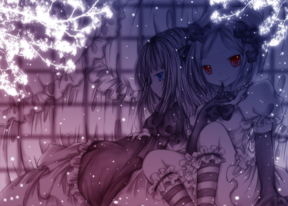 kasuga sunao, frederica bernkastel, lambdadelta, umineko no naku koro ni, bad id, bad pixiv id, 00s, 2girls, blue eyes, blue theme, bow, curtains, dress, gloves, hat, kneehighs, long hair, monochrome, multiple girls, pink theme, puffy sleeves, red eyes, ribbon, sitting, smile, socks, spot color