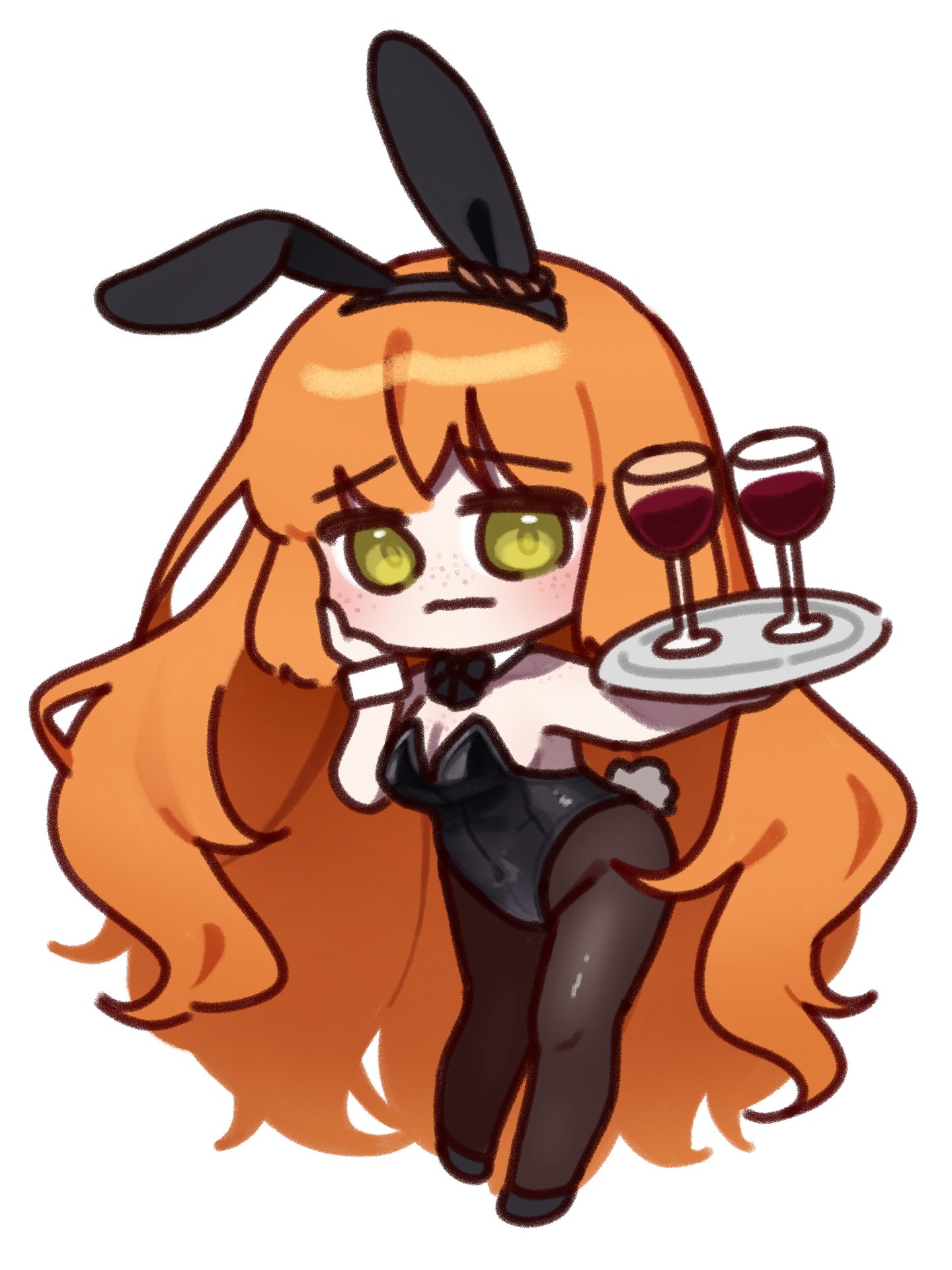 tu1na, ishmael (project moon), limbus company, project moon, highres, 1girl, animal ears, black bow, black bowtie, black leotard, bow, bowtie, brown pantyhose, chibi, cup, detached collar, drinking glass, green eyes, holding, holding tray, leotard, long hair, orange hair, pantyhose, playboy bunny, rabbit ears, rabbit tail, sidelocks, simple background, solo, tail, tray, very long hair, white background, wine glass