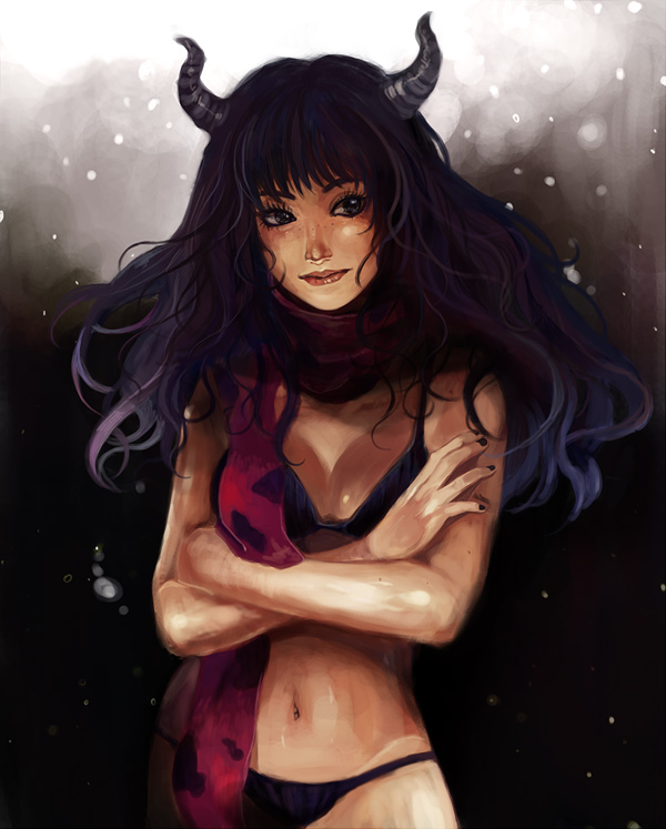sumishuu, original, looking away, bad id, bad pixiv id, commentary request, 1girl, black hair, black nails, blue eyes, bra, breasts, cleavage, collarbone, crossed arms, female focus, freckles, horns, large breasts, lingerie, long hair, midriff, nail polish, navel, panties, scarf, snow, solo, standing, underwear