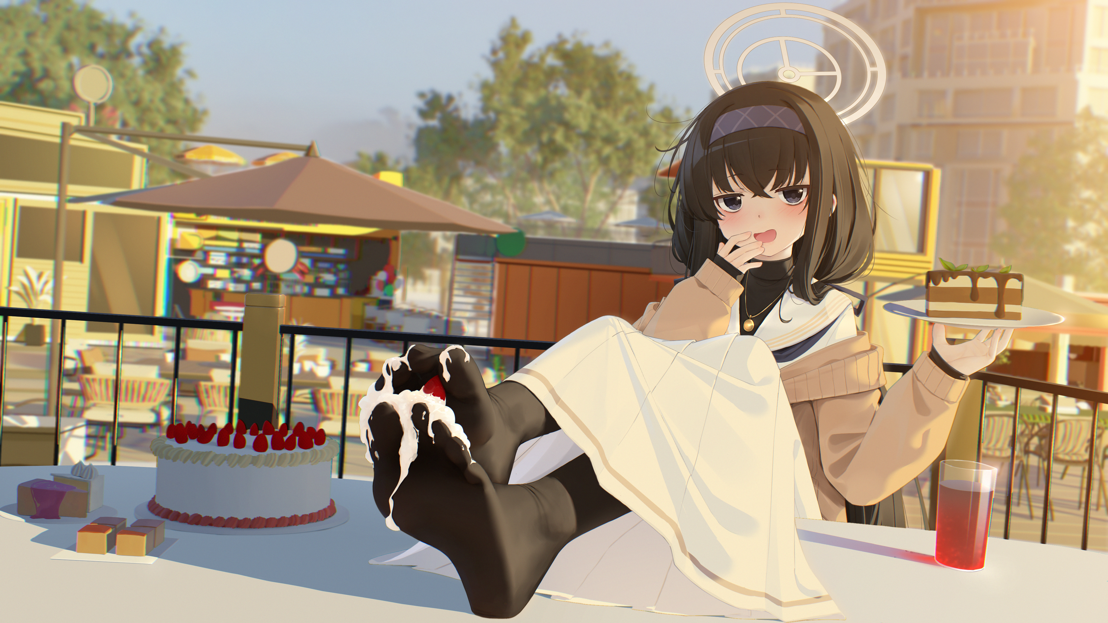 han (hehuihuihui), ui (blue archive), blue archive, absurdres, highres, variant set, 1girl, birthday cake, black eyes, black hair, black pantyhose, blue hairband, blush, cake, crossed bangs, cup, day, feet, feet on table, food, food on foot, foot focus, full body, grey halo, hair between eyes, hairband, halo, hands up, holding, holding plate, long hair, long skirt, long sleeves, no shoes, open mouth, outdoors, pantyhose, plate, pleated skirt, sailor collar, sitting, skirt, sleeves past wrists, soles, suggestive fluid, toes, undershirt, white sailor collar, white skirt