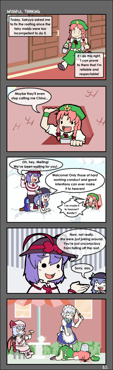 littleshrimp, hinanawi tenshi, hong meiling, izayoi sakuya, nagae iku, remilia scarlet, touhou, english, hard-translated, highres, long image, tall image, translated, 5koma, awesome face, blood, comic, faceplant, failure, unconscious