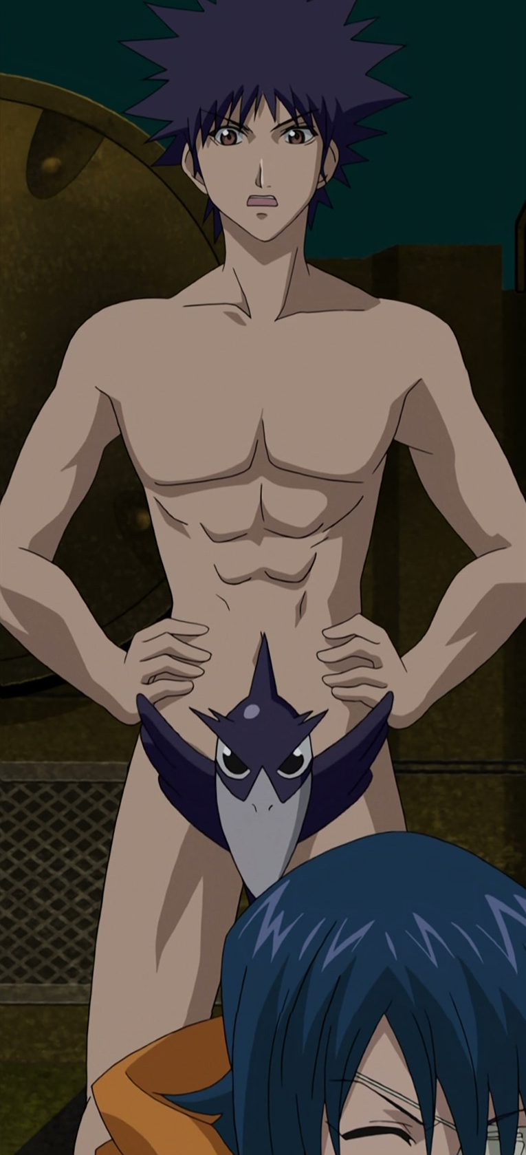 minami itsuki, wanijima agito, air gear, anime screenshot, stitched, third-party edit, 2boys, abs, bird, crow, hand on own hip, male focus, multiple boys, nude, open mouth, short hair, solo focus, spiked hair