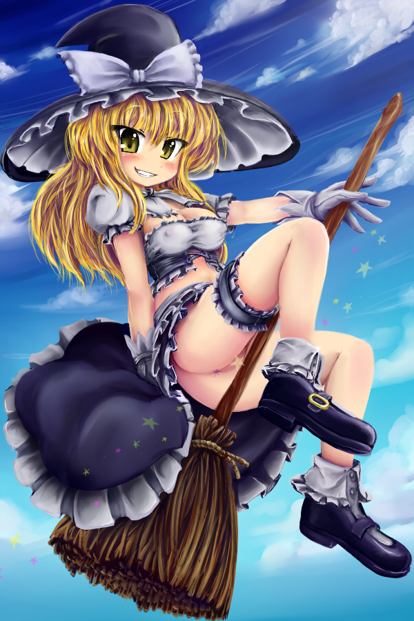 okiraku nikku, kirisame marisa, touhou, 1girl, anus, blonde hair, blush, bow, breasts, broom, broom riding, bustier, censored, cleavage, covered erect nipples, female focus, frilled thigh strap, gloves, grin, hat, hat bow, long hair, no panties, pussy, smile, solo, thigh strap, witch hat, yellow eyes