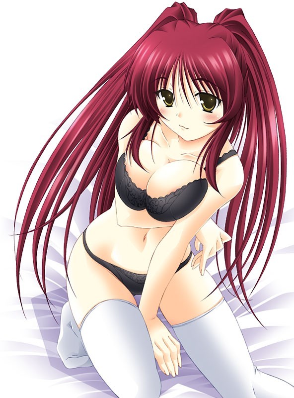 izumi mahiru, kousaka tamaki, to heart (series), to heart 2, breast hold, scan, 00s, 1girl, :3, areola slip, bed sheet, between legs, black bra, black panties, blush, bra, breasts, cleavage, closed mouth, collarbone, female focus, full body, hair between eyes, hand between legs, hip focus, indoors, kneeling, lace, lace-trimmed bra, lace-trimmed panties, lace trim, large breasts, leaning forward, light smile, lingerie, long hair, looking at viewer, navel, nipples, on bed, panties, red hair, shadow, sidelocks, simple background, skindentation, smile, solo, straight hair, thighhighs, twintails, underwear, underwear only, very long hair, white background, white thighhighs, yellow eyes