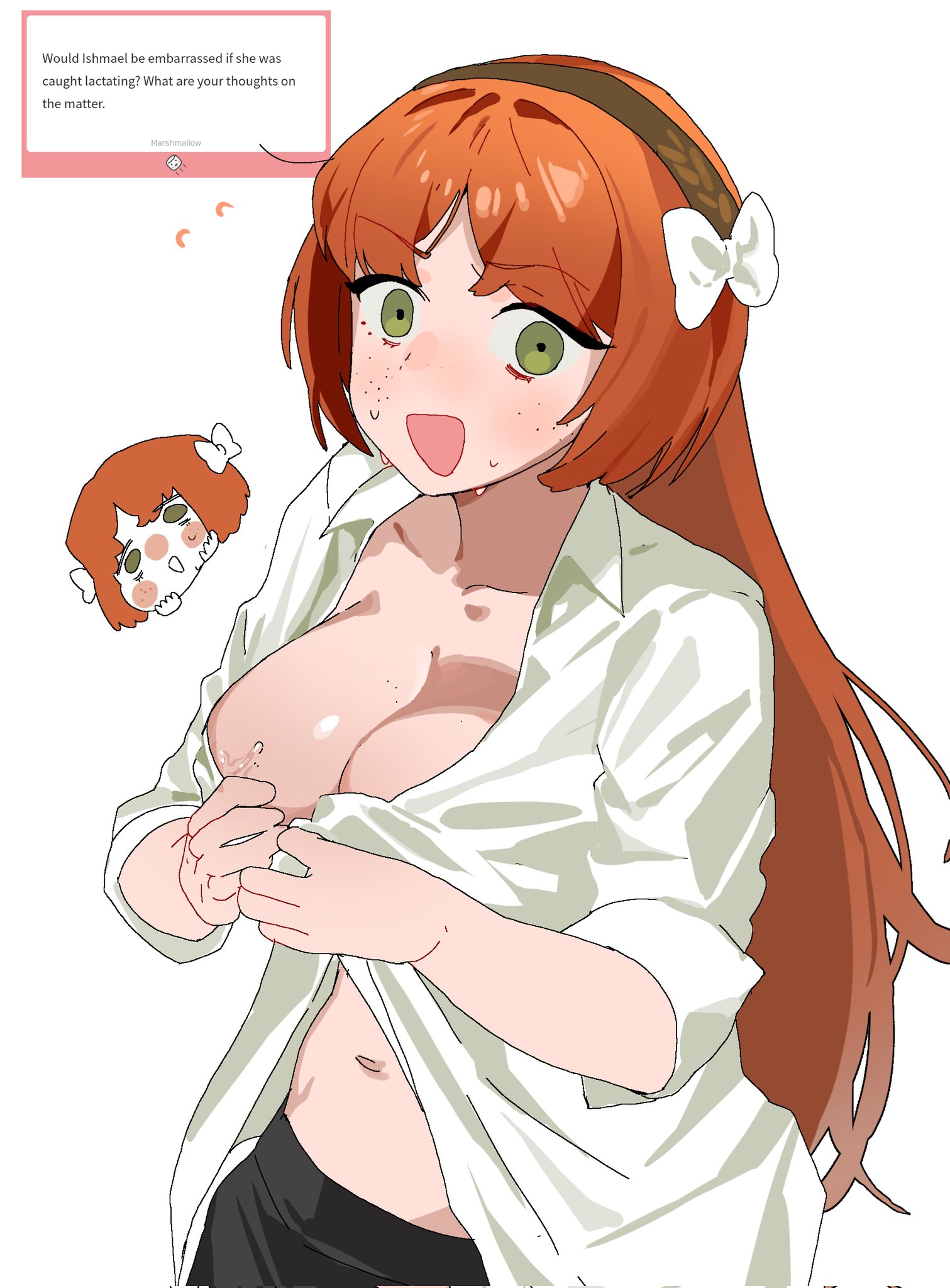 yongsadragon, ishmael (project moon), limbus company, project moon, highres, 1girl, black skirt, bow, breasts, brown hairband, freckles, green eyes, hair bow, hairband, lactation, large breasts, long hair, looking at viewer, marshmallow (site), open clothes, open shirt, orange hair, request inset, sidelocks, skirt, solo, very long hair, white bow, wide-eyed