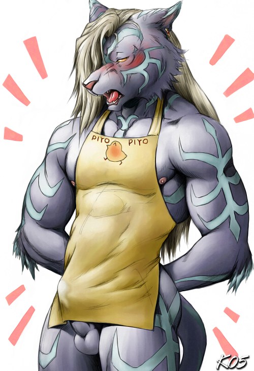 karabiner, byakko no rangetsu, onmyou taisenki, 00s, 1boy, 2005, animal ears, apron, furry, furry male, male focus, naked apron, penis, solo, tail, yellow eyes