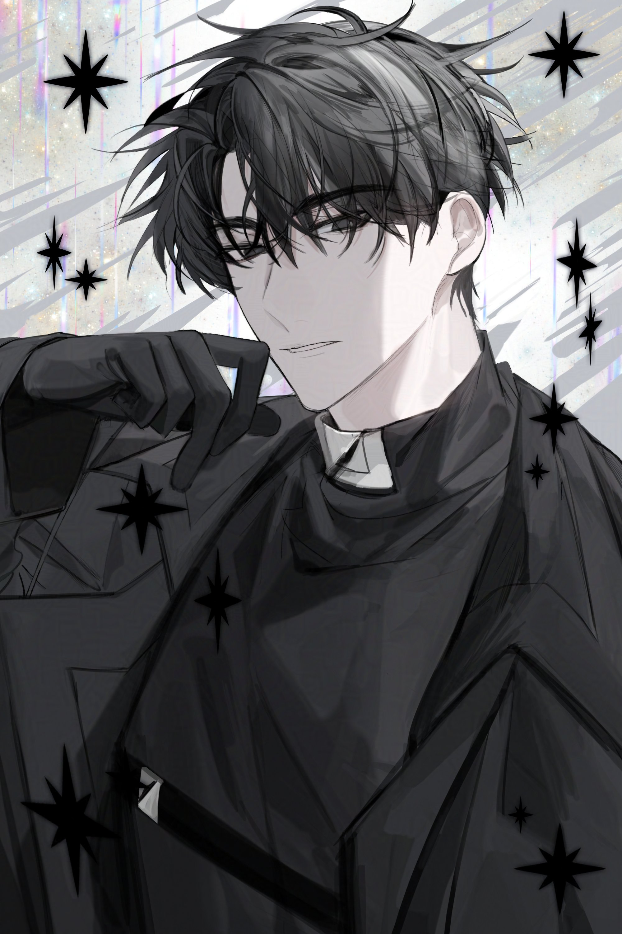 hayu beck, yoo joonghyuk, omniscient reader's viewpoint, absurdres, commentary request, highres, korean commentary, 2boys, belt collar, black coat, black gloves, black hair, black shirt, chest belt, coat, collar, curtained hair, gloves, hand up, head tilt, looking at viewer, male focus, multiple boys, open clothes, open coat, popped collar, shirt, short hair, upper body