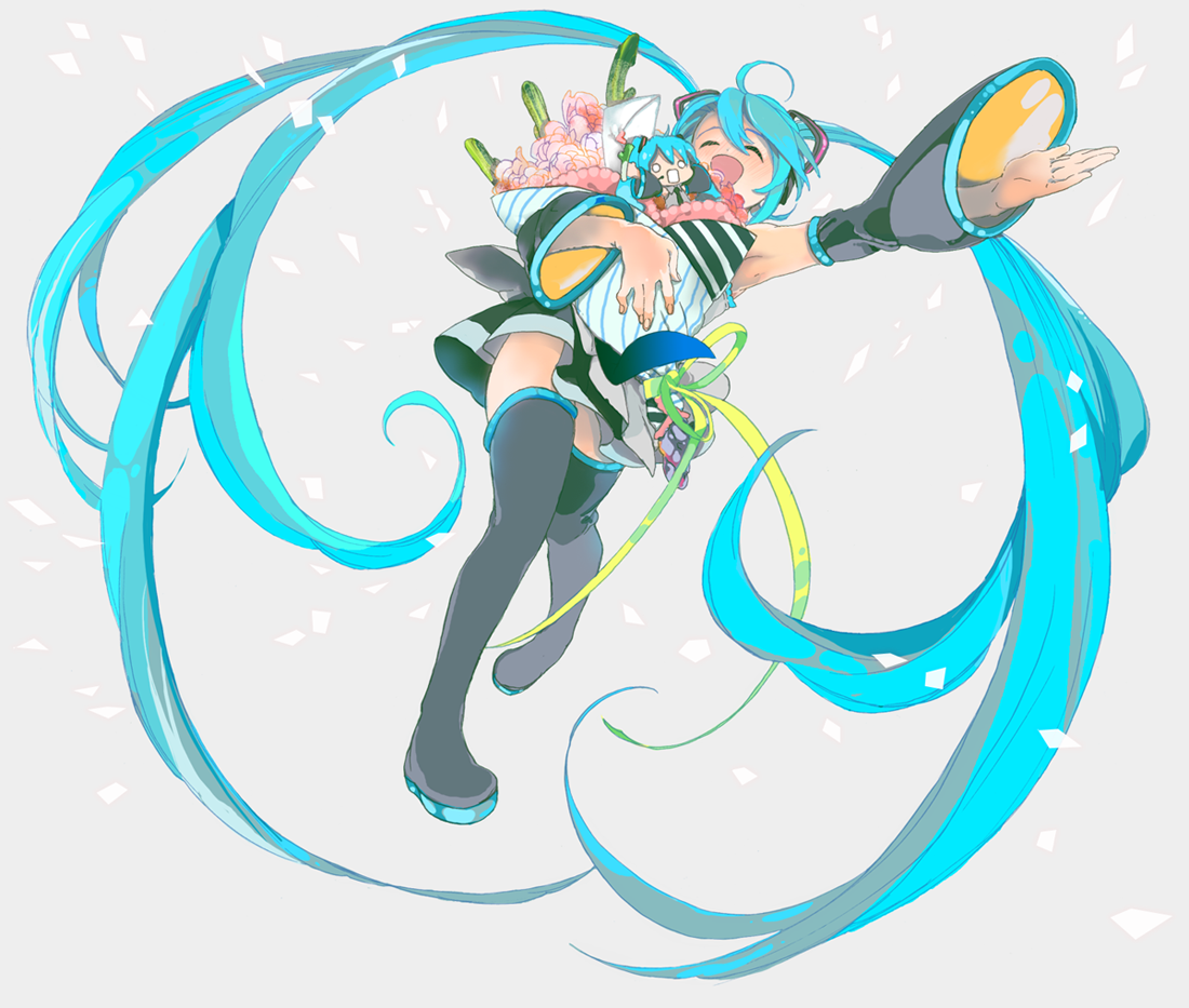 kanke (yonkuma), hachune miku, hatsune miku, vocaloid, blue hair, chibi, closed eyes, detached sleeves, flower, long hair, thighhighs, twintails, very long hair