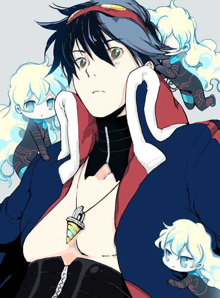 kanke (yonkuma), antispiral nia, nia teppelin, simon (ttgl), tengen toppa gurren lagann, + +, 00s, 1boy, 3girls, black hair, blonde hair, blue eyes, blue hair, brown eyes, chibi, choker, closed eyes, collarbone, core drill, drill, goggles, goggles on head, jacket, jewelry, multicolored hair, multiple girls, multiple persona, necklace, open mouth, simple background, symbol-shaped pupils, two-tone hair, zipper