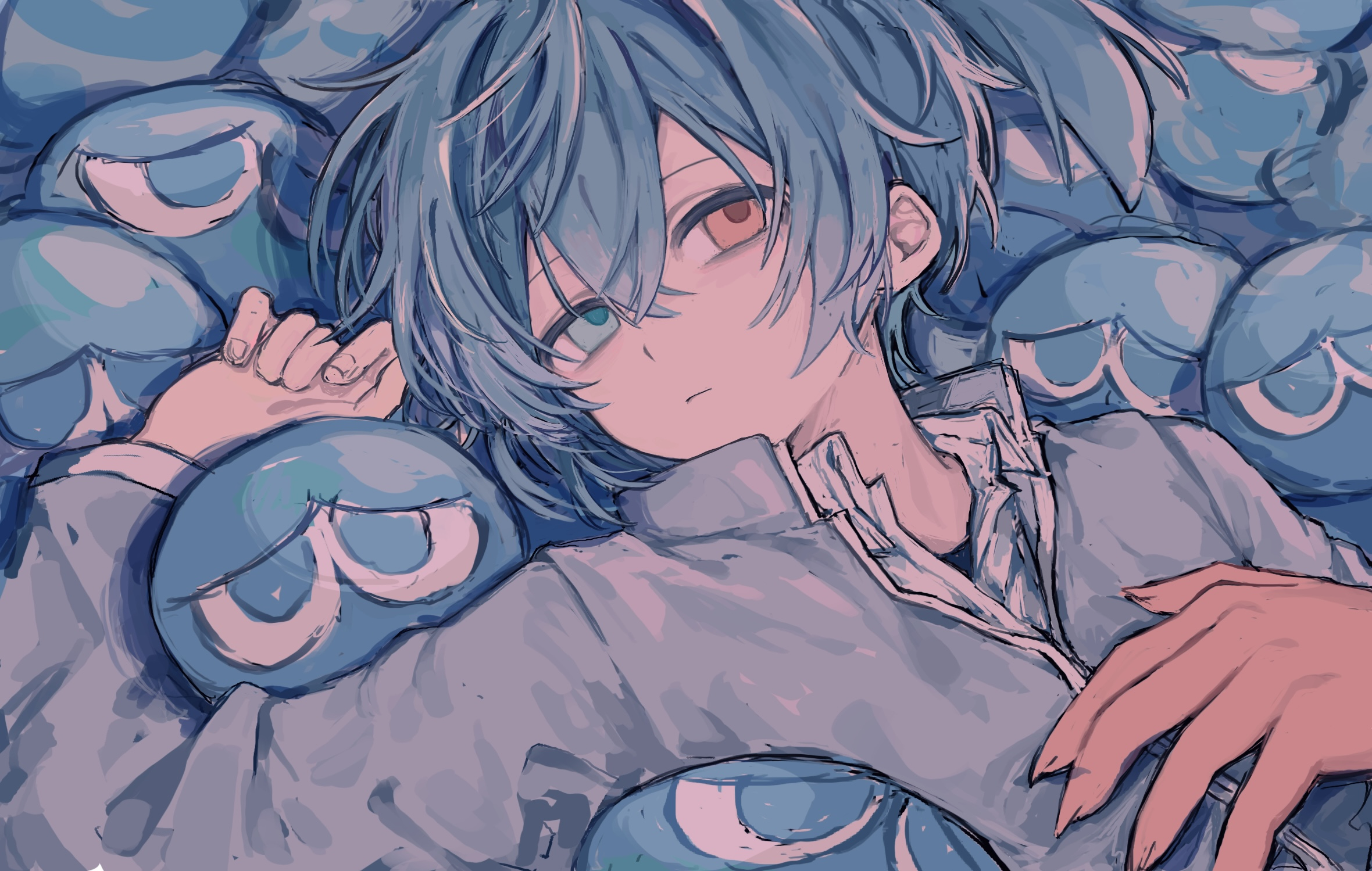 griffon0416, puyo (puyopuyo), sig (puyopuyo), puyopuyo, commentary request, highres, 1boy, arm up, blue eyes, blue hair, closed mouth, collared shirt, double-parted bangs, expressionless, hair between eyes, hand on own stomach, long sleeves, looking at viewer, male focus, red eyes, shirt, short hair, sidelocks, solo, upper body, white shirt