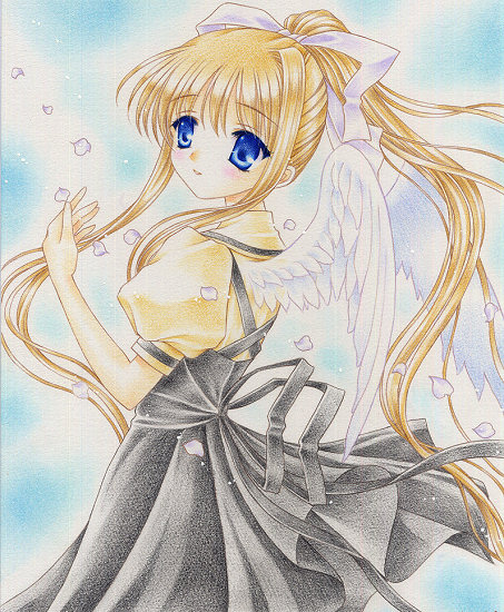 yukiou, kamio misuzu, air (visual novel), bad id, bad pixiv id, traditional media, 00s, blonde hair, blue eyes, long hair, ponytail, school uniform, solo, very long hair, wings