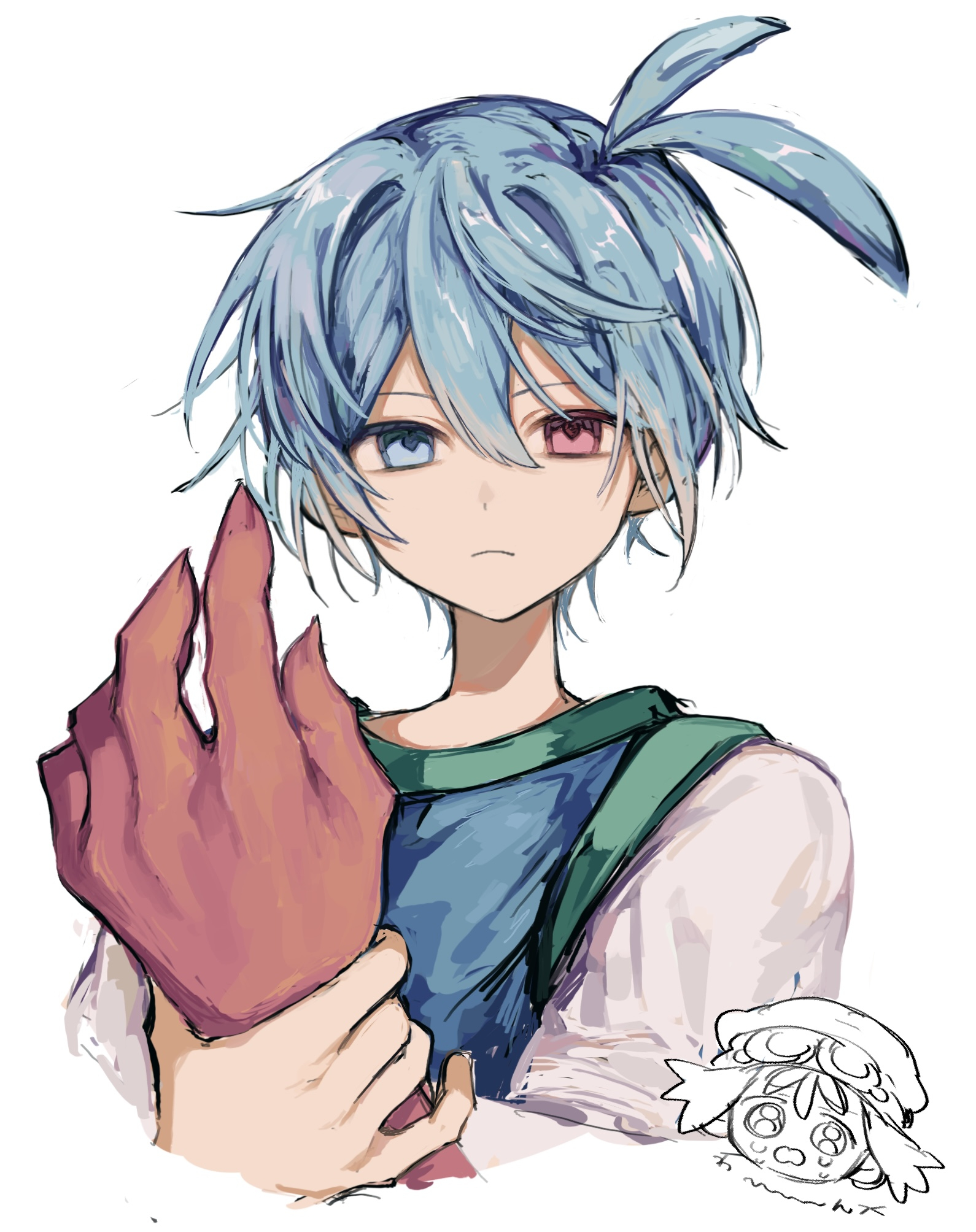 griffon0416, amitie (puyopuyo), sig (puyopuyo), puyopuyo, commentary request, highres, 1boy, 1girl, blue eyes, blue hair, chibi, chibi inset, closed mouth, double-parted bangs, expressionless, hair between eyes, heterochromia, looking at viewer, red eyes, short hair, short sleeves, simple background, upper body, white background