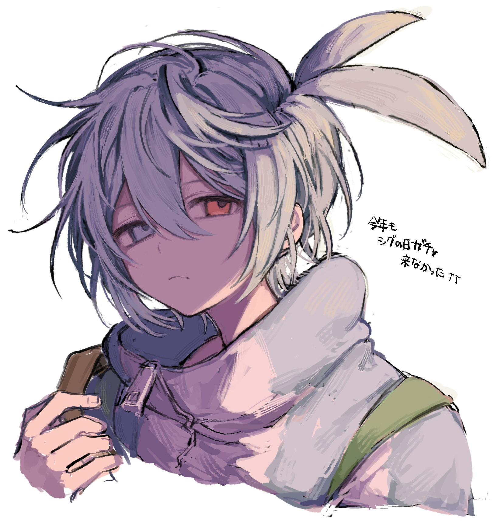 griffon0416, sig (puyopuyo), puyopuyo, commentary request, highres, translation request, 1boy, blue eyes, blue hair, closed mouth, double-parted bangs, expressionless, hair between eyes, jacket, looking at viewer, male focus, red eyes, short hair, sidelocks, simple background, solo, upper body, white background, zipper, zipper pull tab