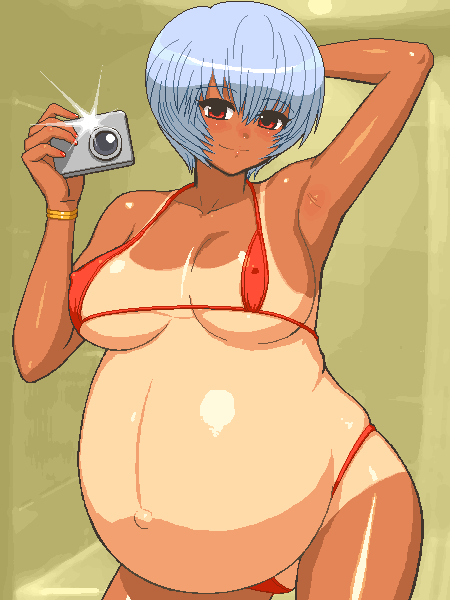 tenseiani, ayanami rei, neon genesis evangelion, bikini, breasts, camera, large breasts, micro bikini, oekaki, pregnant, red bikini, smile, string bikini, swimsuit, tan, tanline